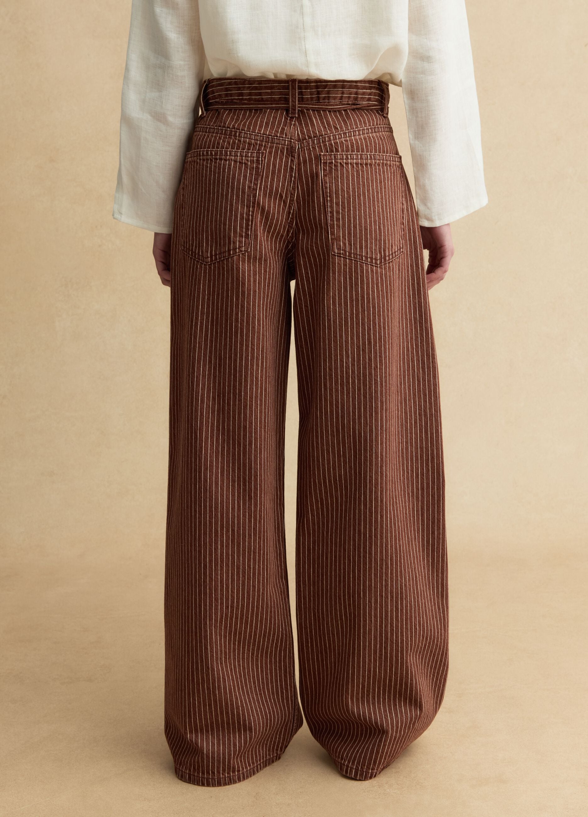 Brown striped wide-leg trousers in pure cotton