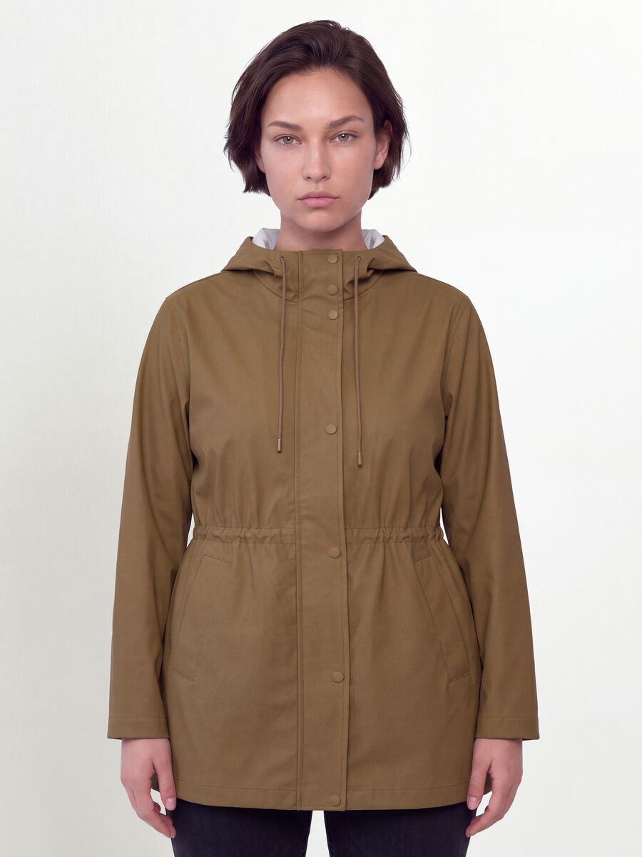 Brown rain jacket with hood, zip and snap buttons, regular fit_1