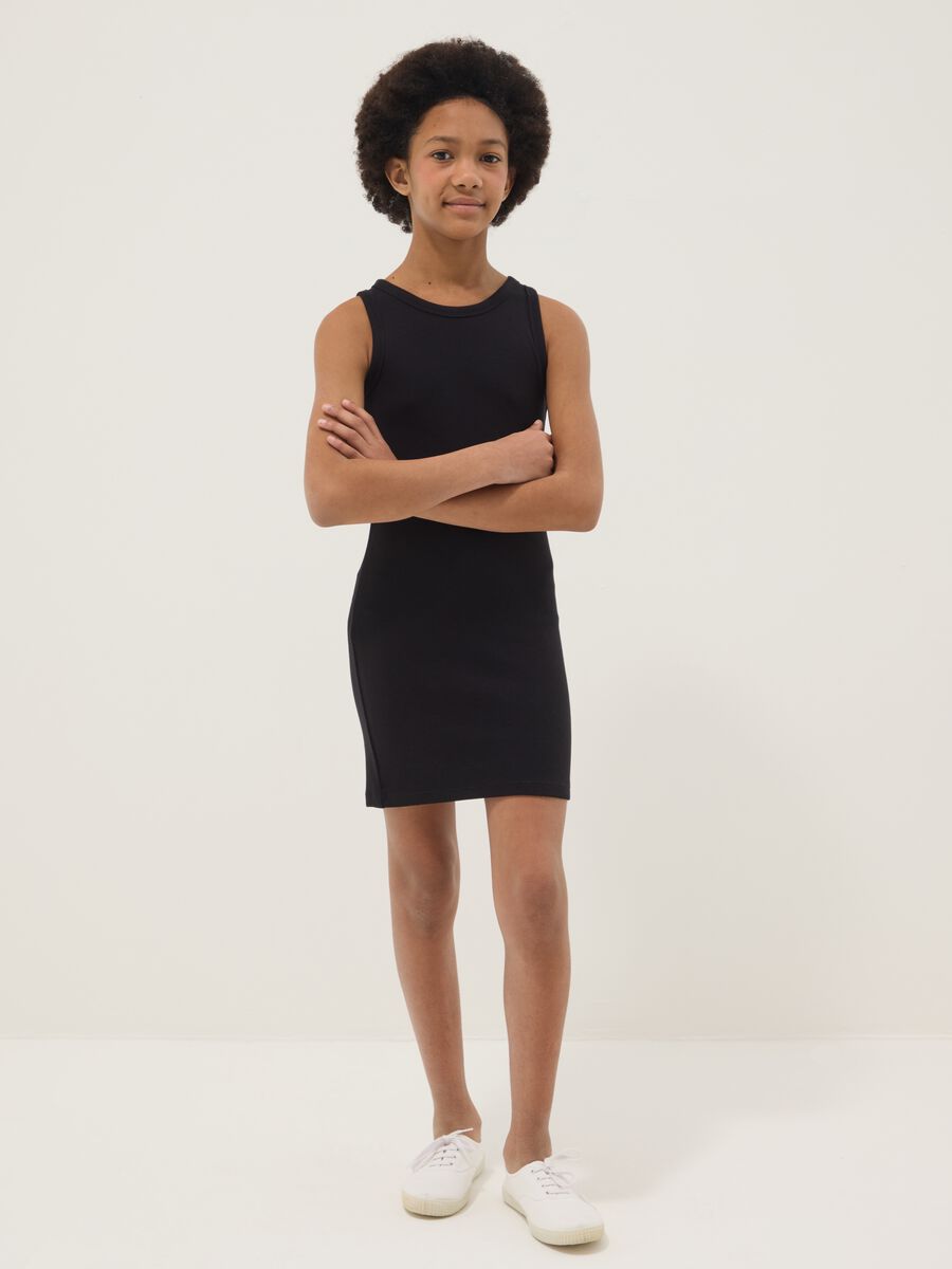 Girls&rsquo; sleeveless fitted black stretch cotton dress_0