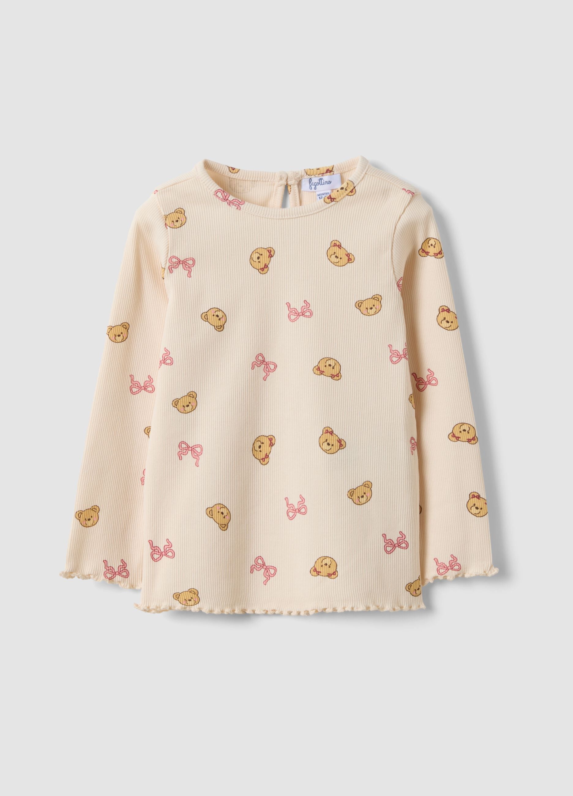 Beige organic stretch-cotton T-shirt with teddy bear print for baby girl