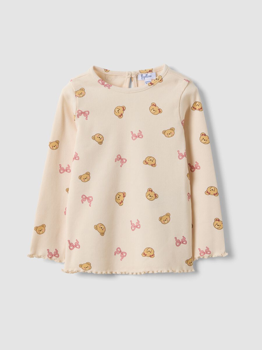Beige organic stretch-cotton T-shirt with teddy bear print for baby girl_0