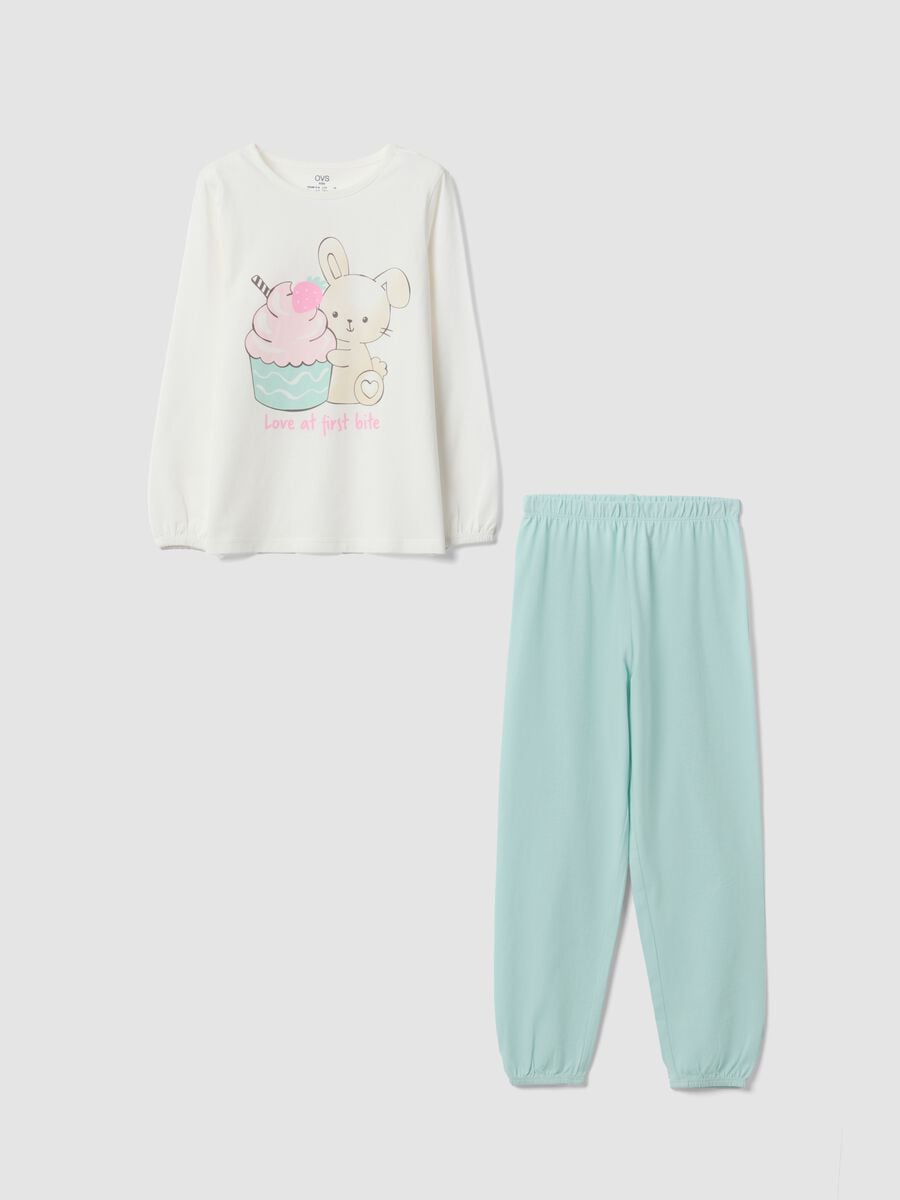 Multicolour organic cotton pyjamas with crew neck and bunny print_0