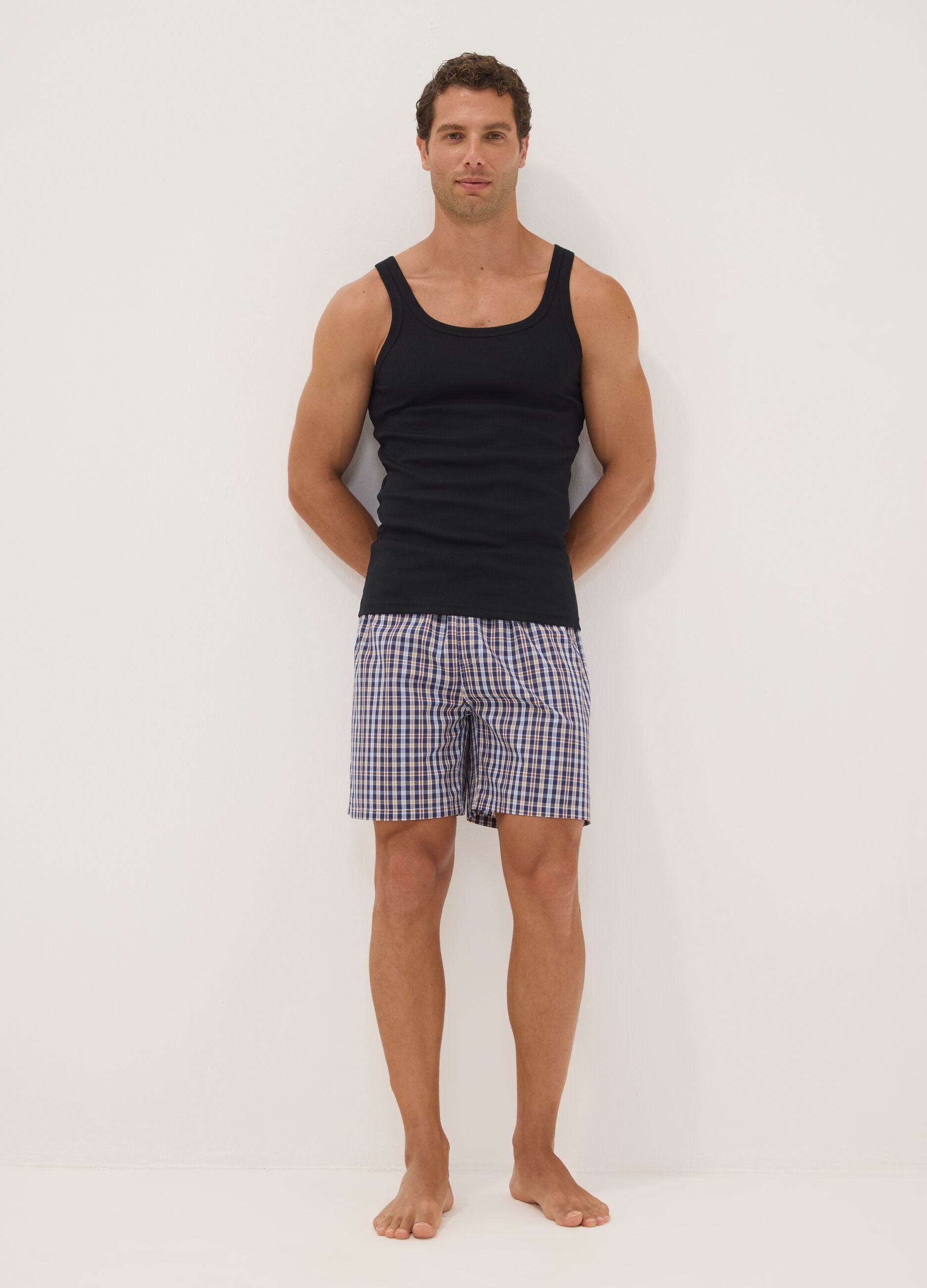 Blue organic cotton checked pyjama shorts