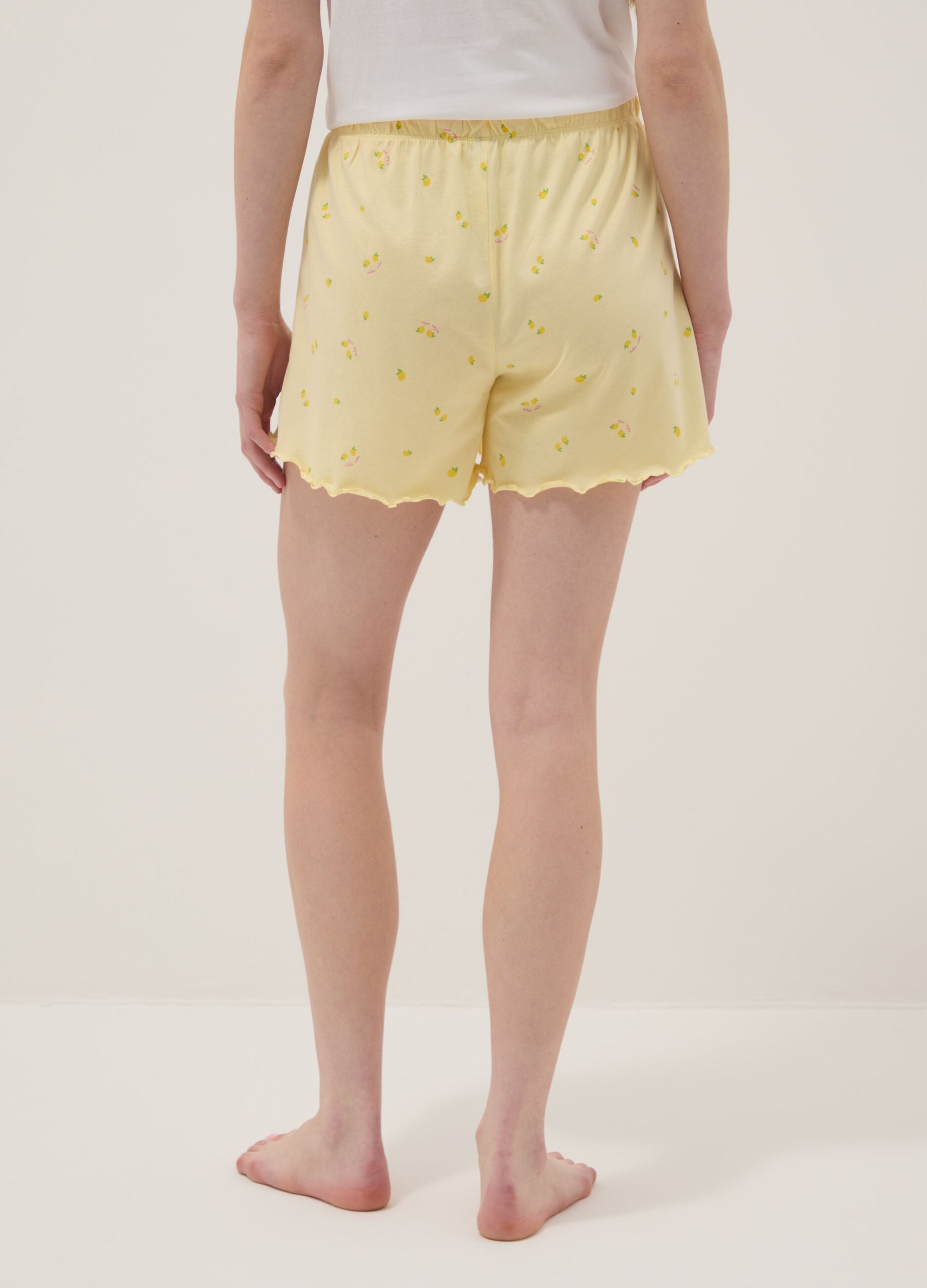 Yellow pure cotton pyjama shorts with lemon print and pink drawstring