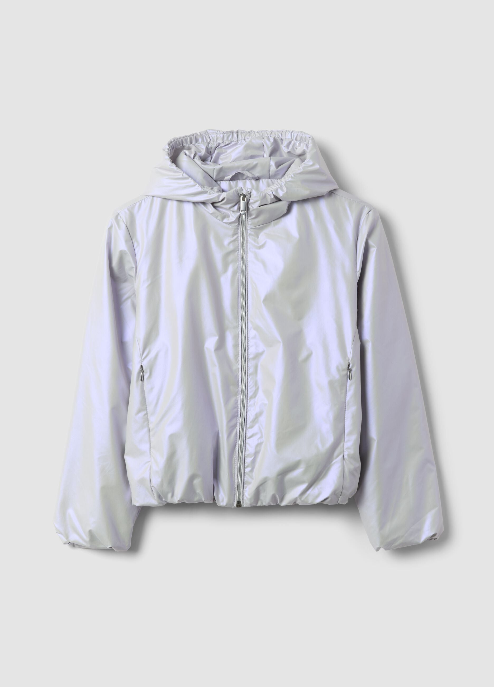 Grey hooded rain jacket with zip for girls