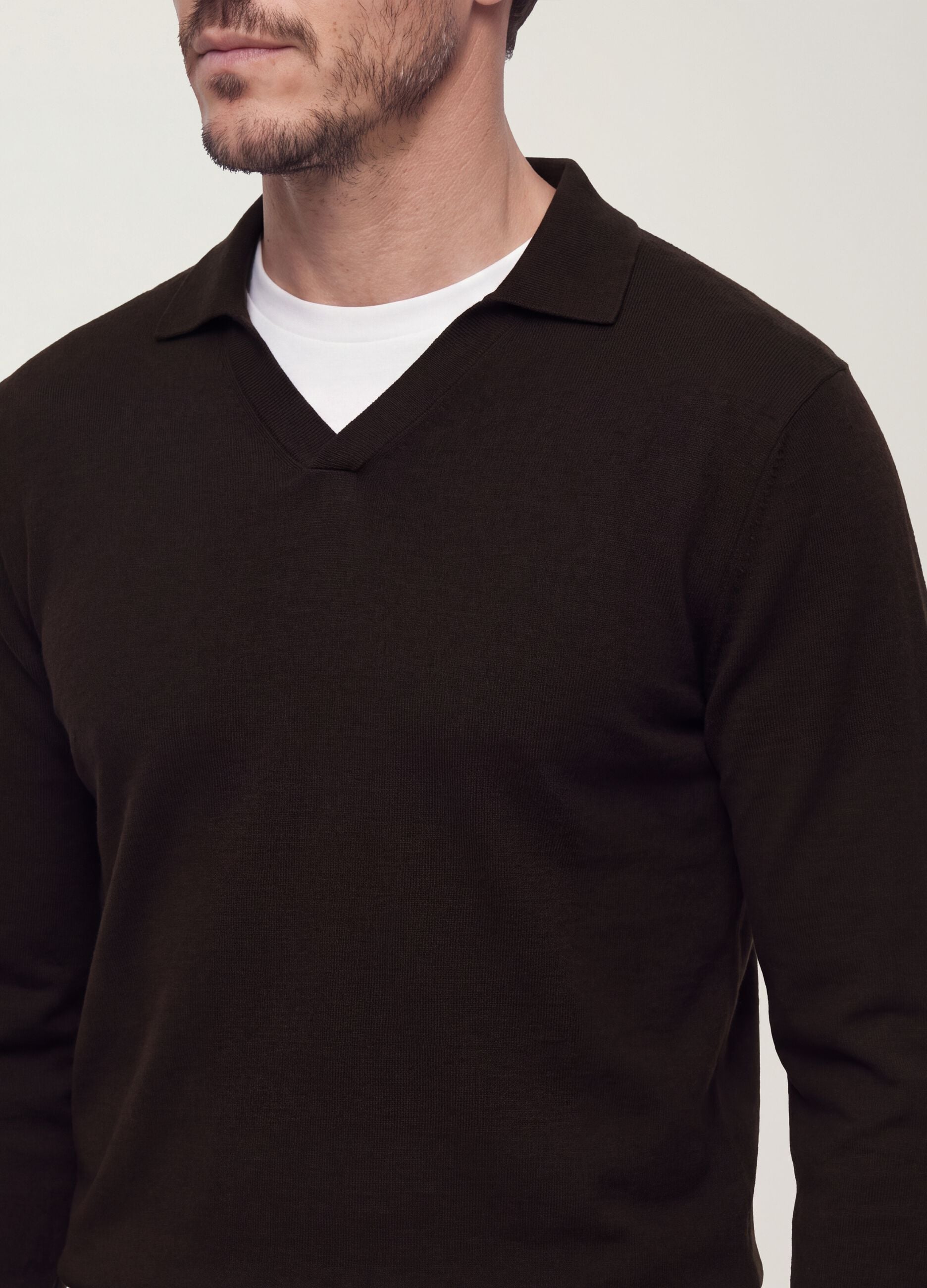 Brown viscose-blend polo with V-neck, regular fit