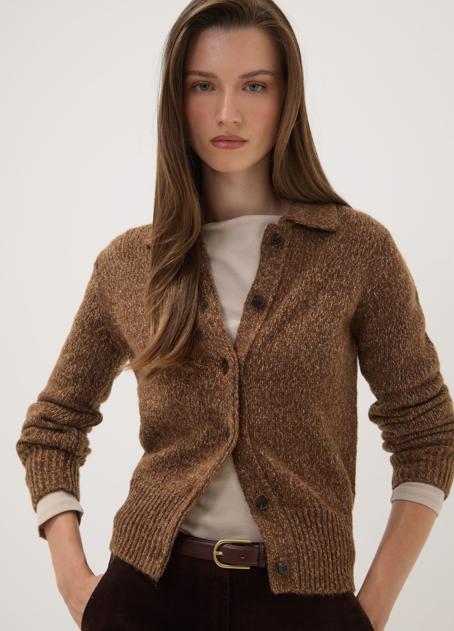 Brown wool-blend cardigan with polo collar