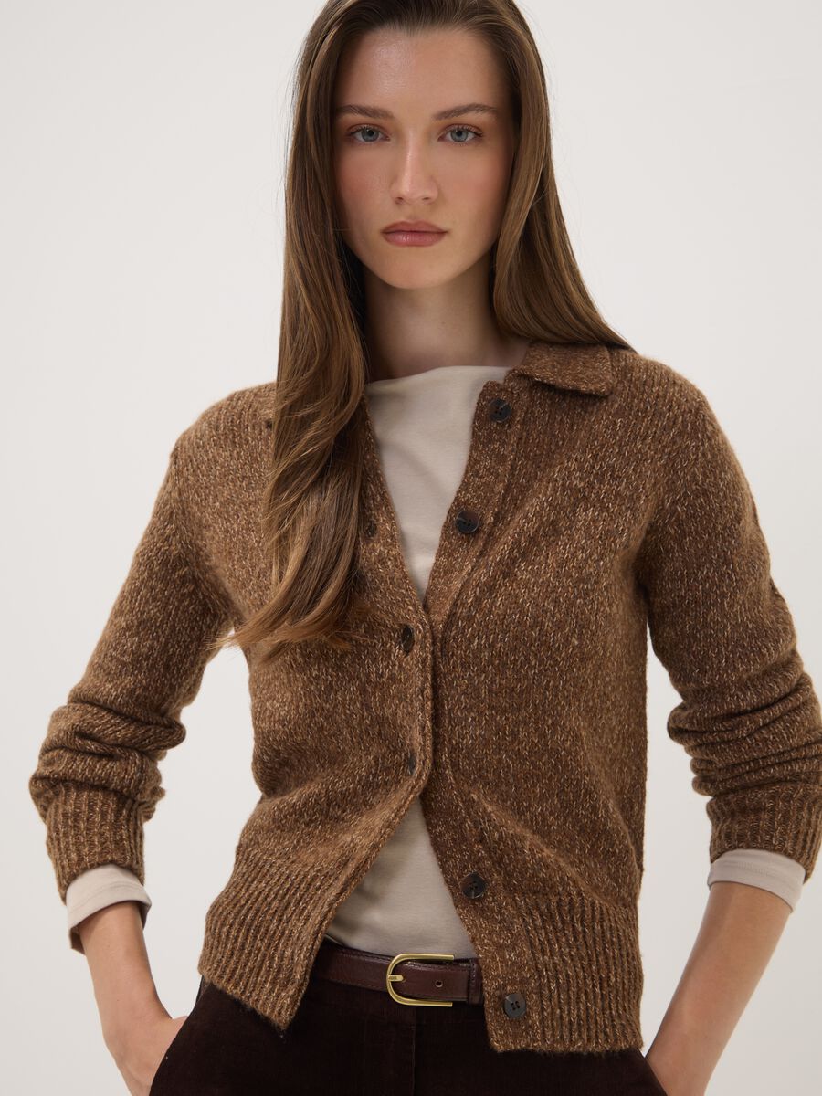 Brown wool-blend cardigan with polo collar_1