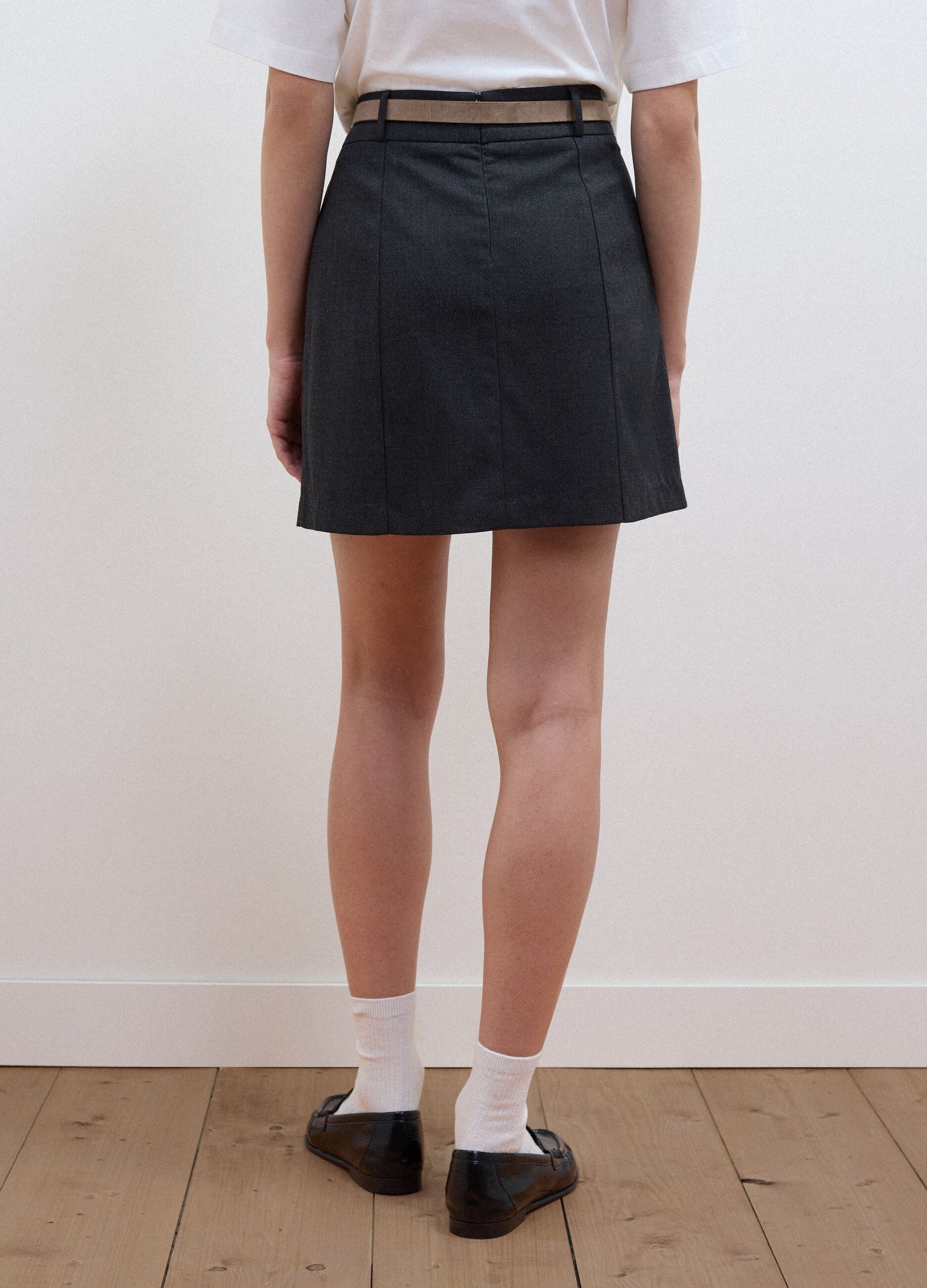Grey stretch viscose mini skirt with belt