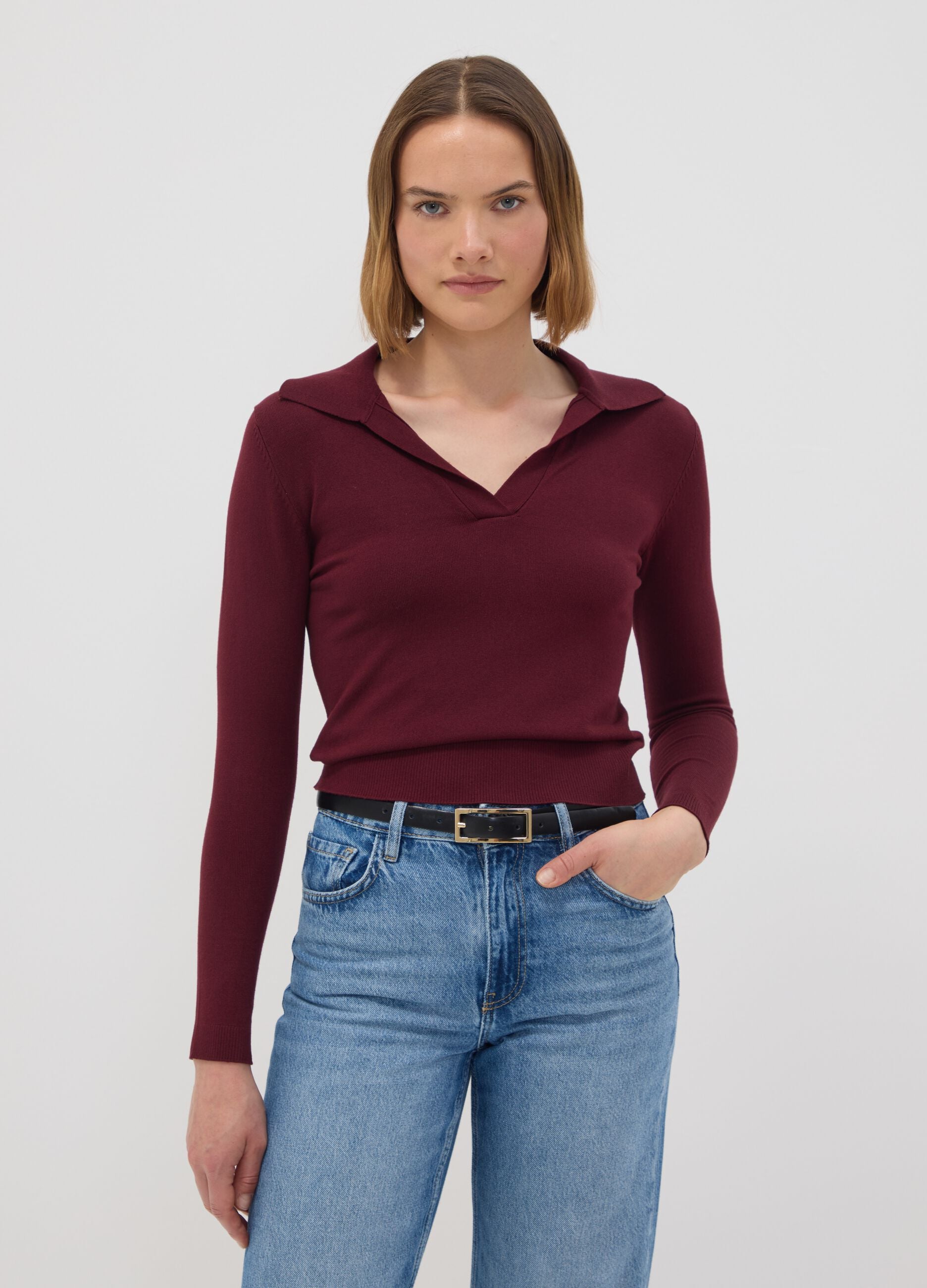 Red viscose-blend polo-collar top, regular fit