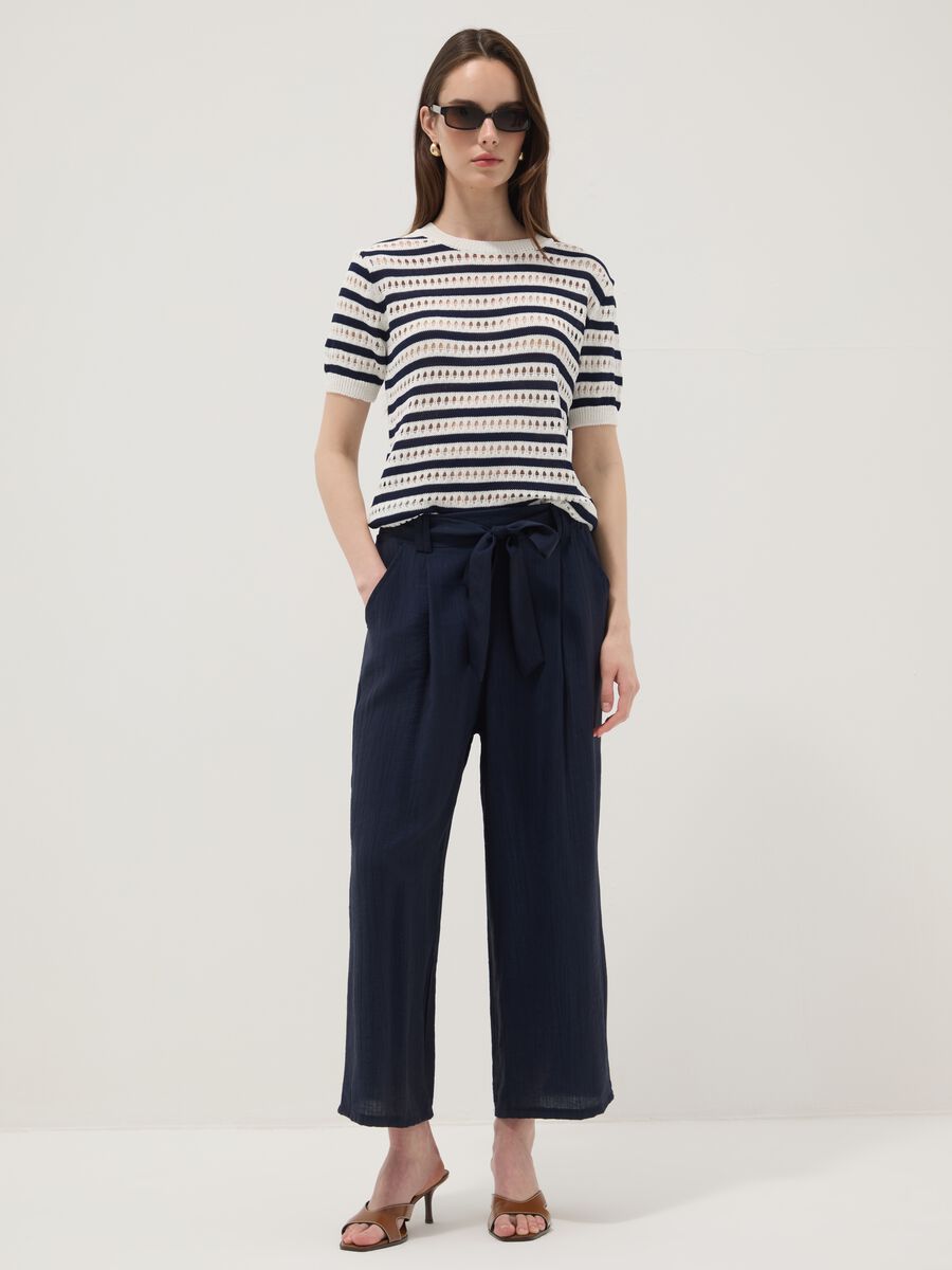 White and blue striped regular-fit openwork viscose-blend T-shirt_2