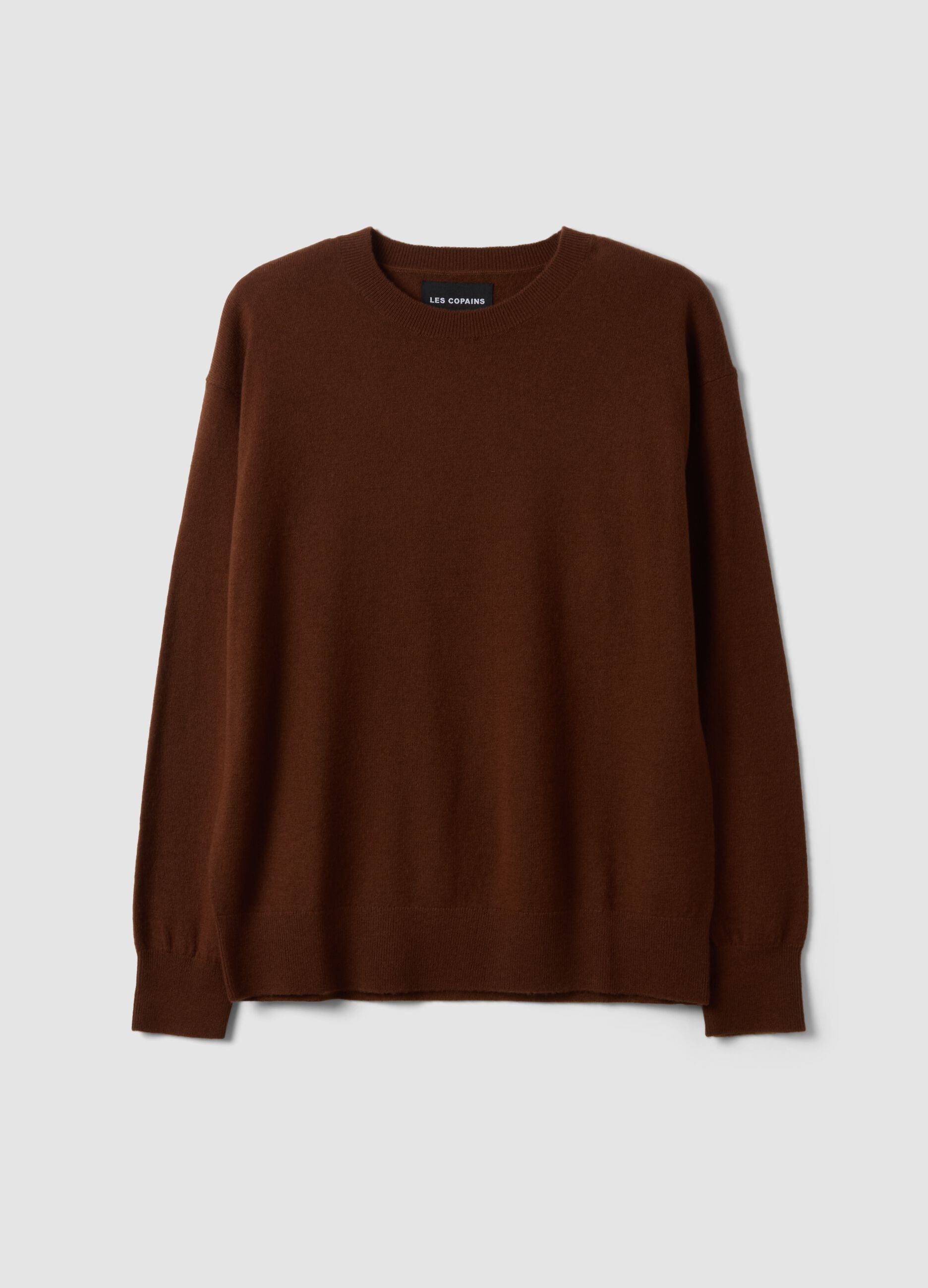 Brown pure wool crew-neck jumper with oversized fit
