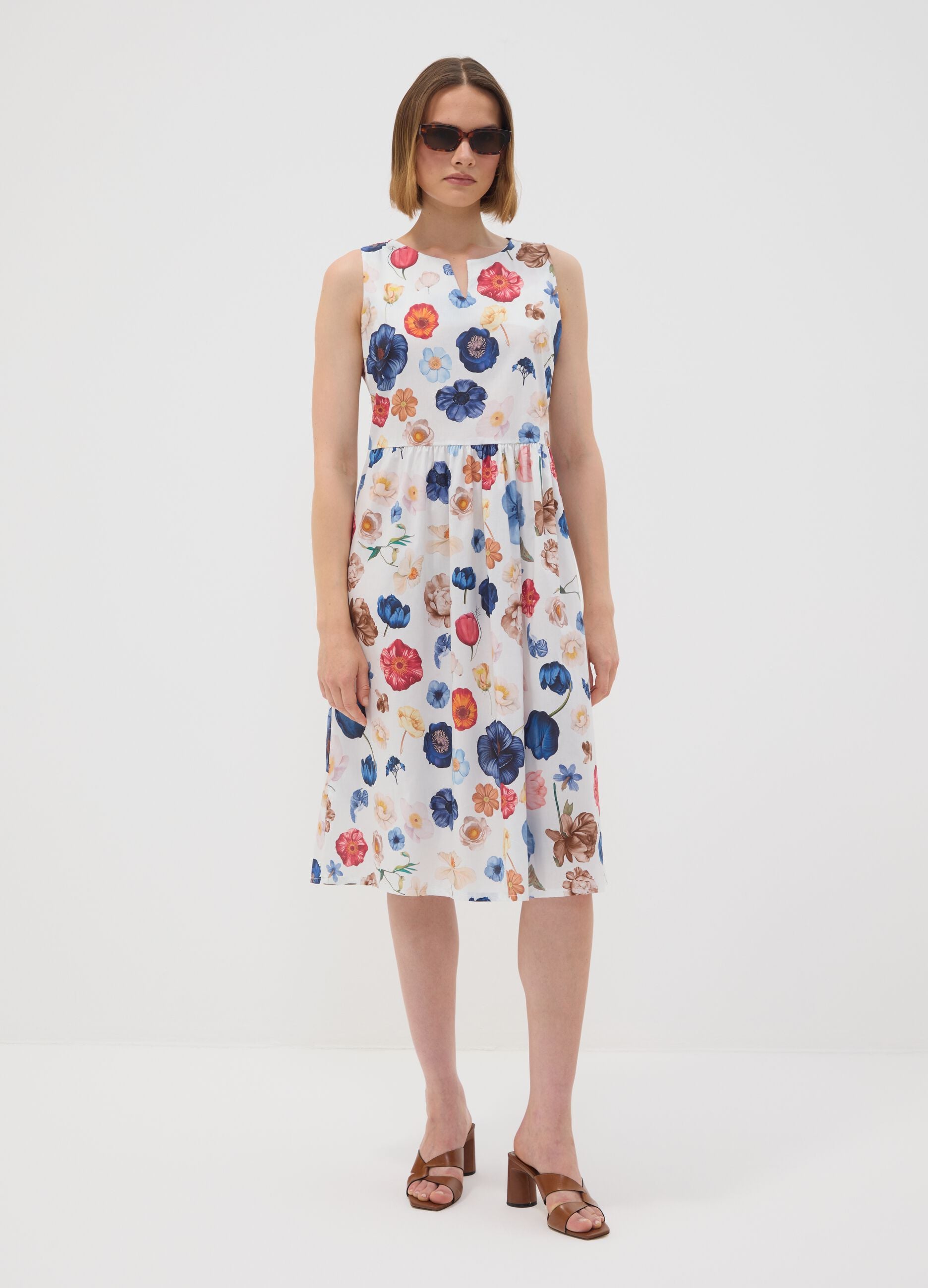 White sleeveless floral stretch-cotton dress, regular fit