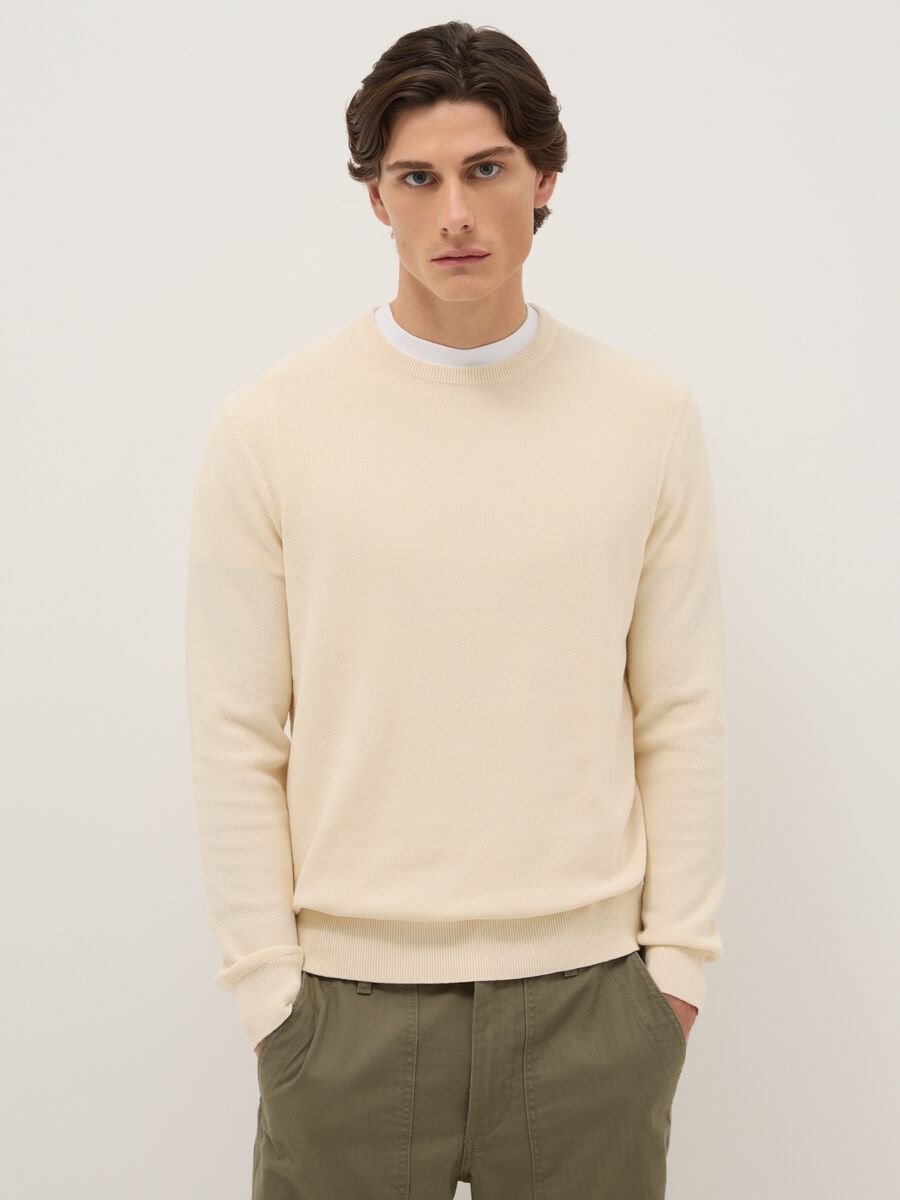 Beige crew neck sweater in pure cotton regular fit_0