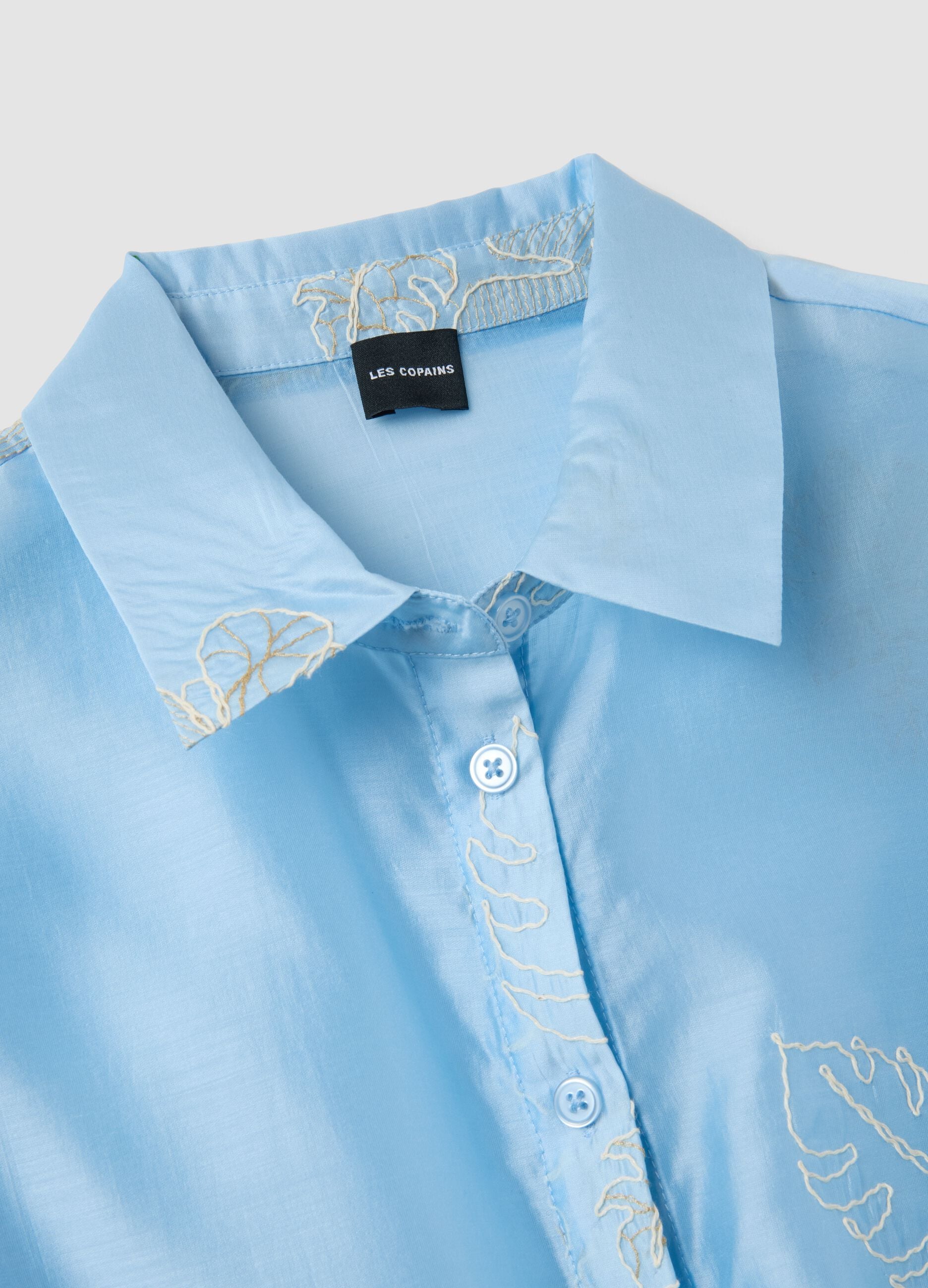 Regular fit blue lyocell blend shirt with floral embroidery