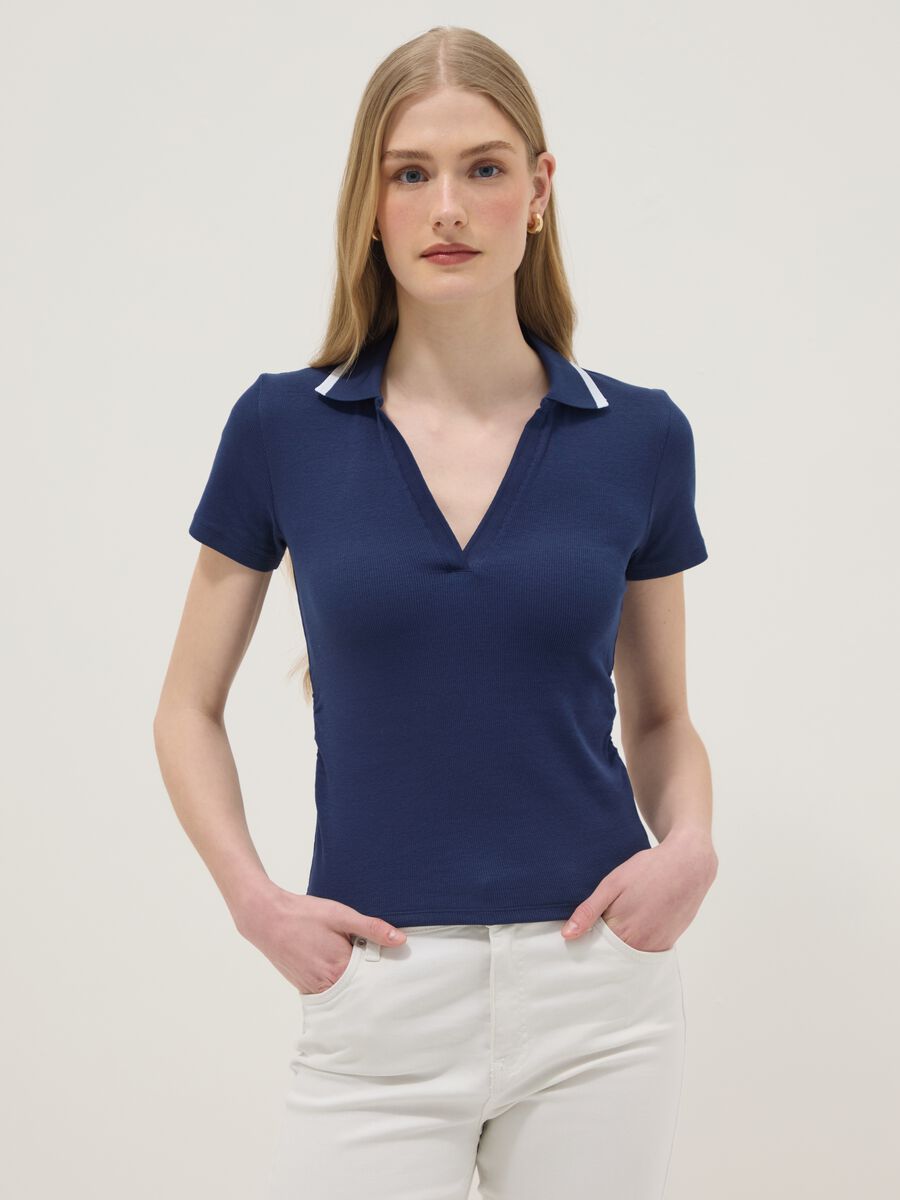 Blue stretch cotton short-sleeve polo shirt, regular fit_0