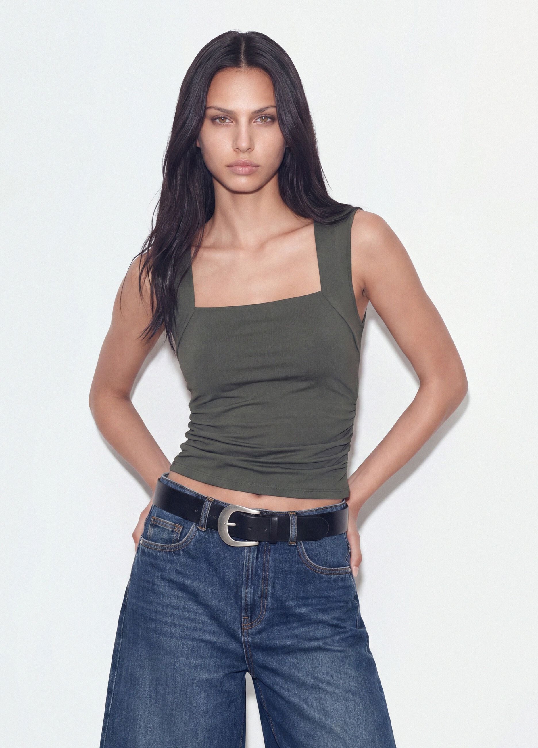 Green stretch tank top with side ruching