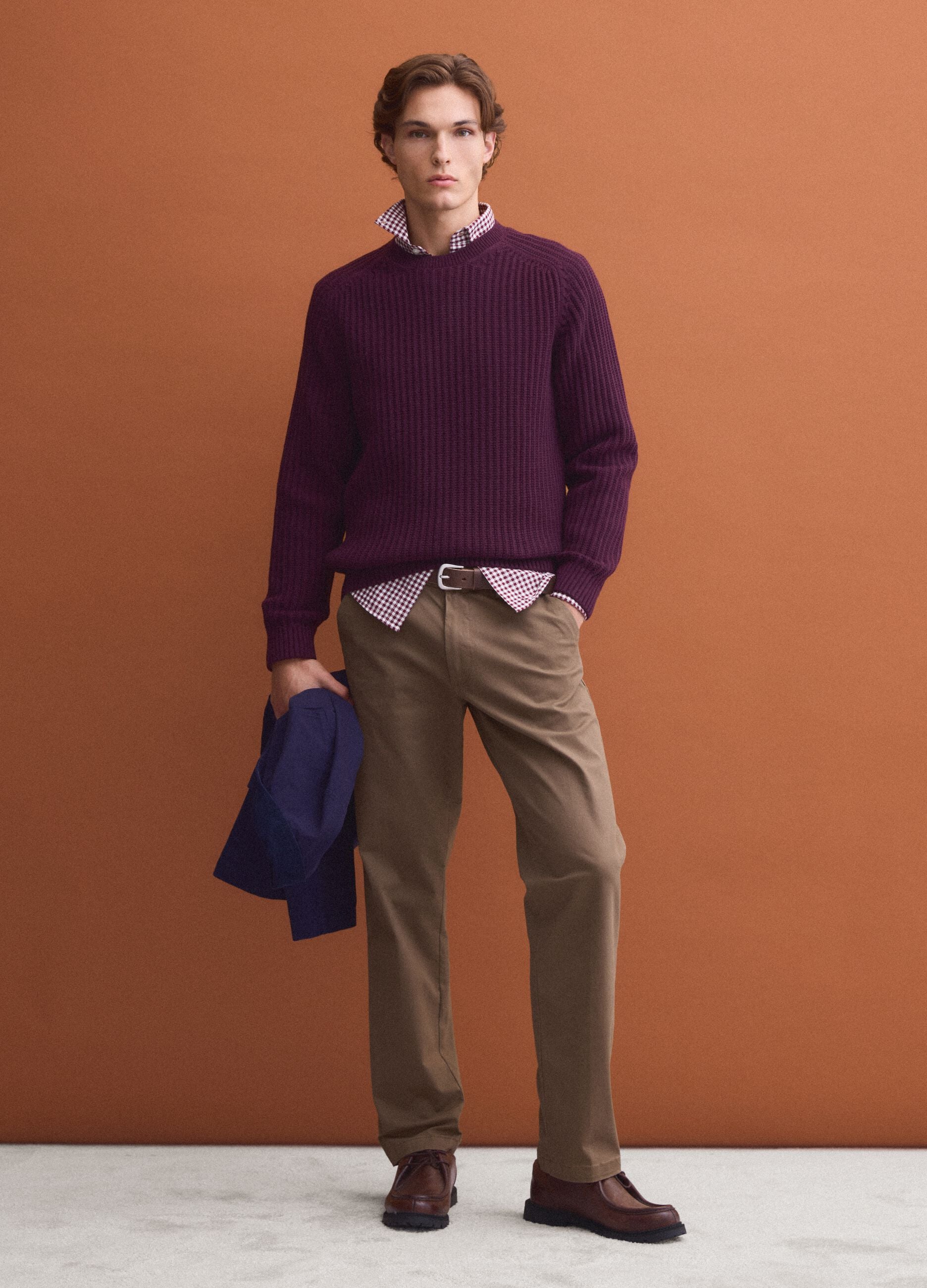 Purple ribbed cotton-blend crew-neck jumper, regular fit