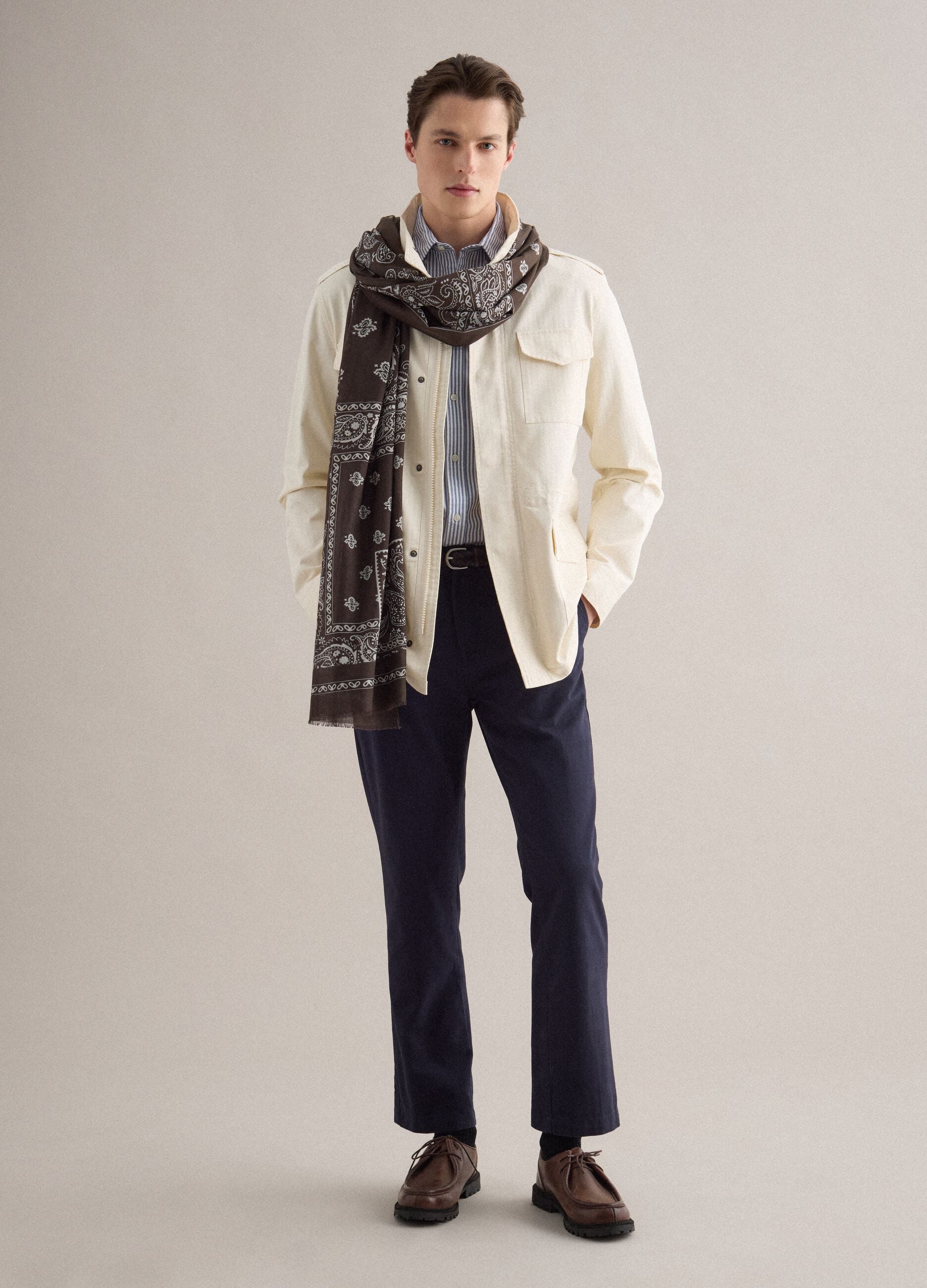Beige cotton parka jacket, regular fit with pockets and zip