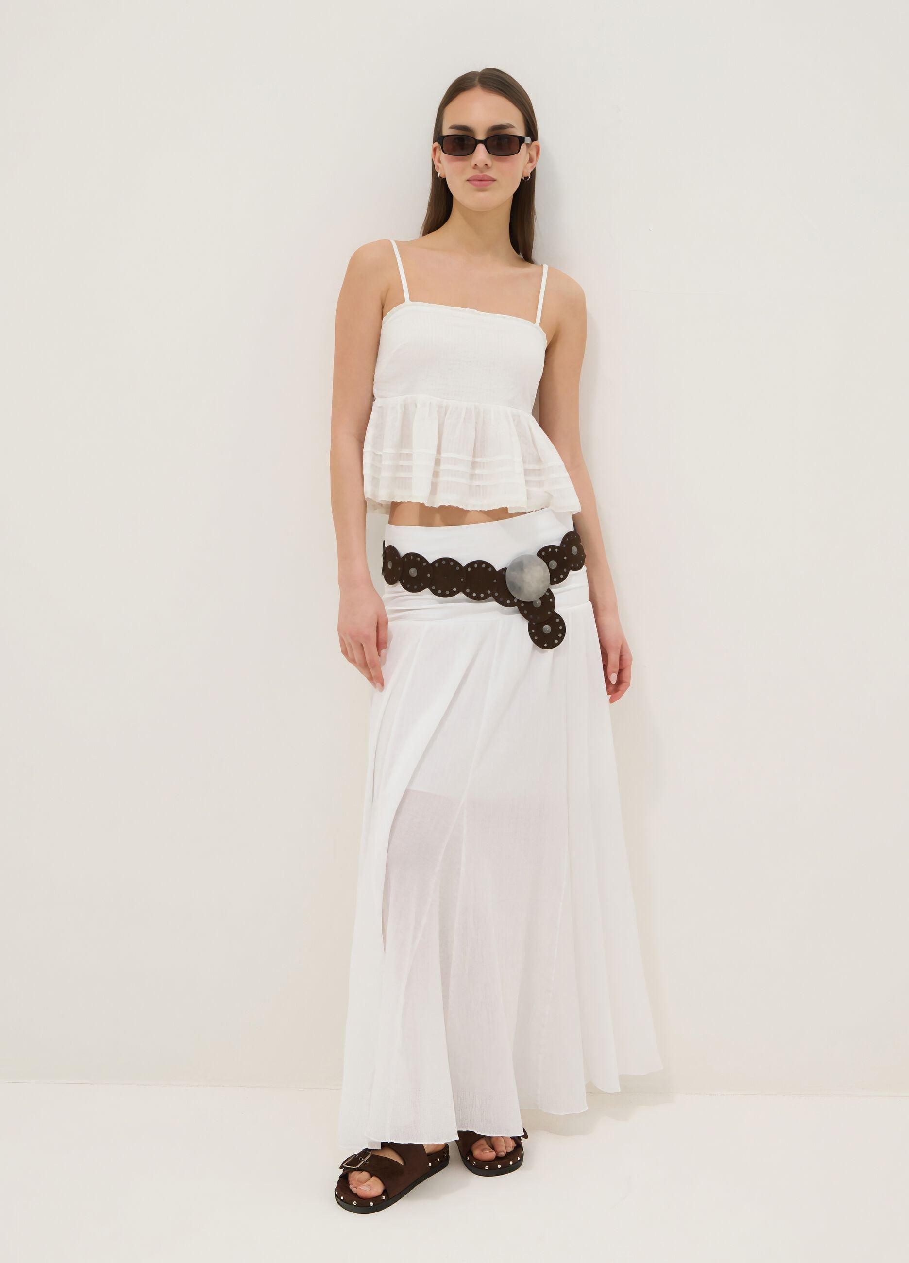 White cotton and viscose blend top with thin straps, relaxed fit