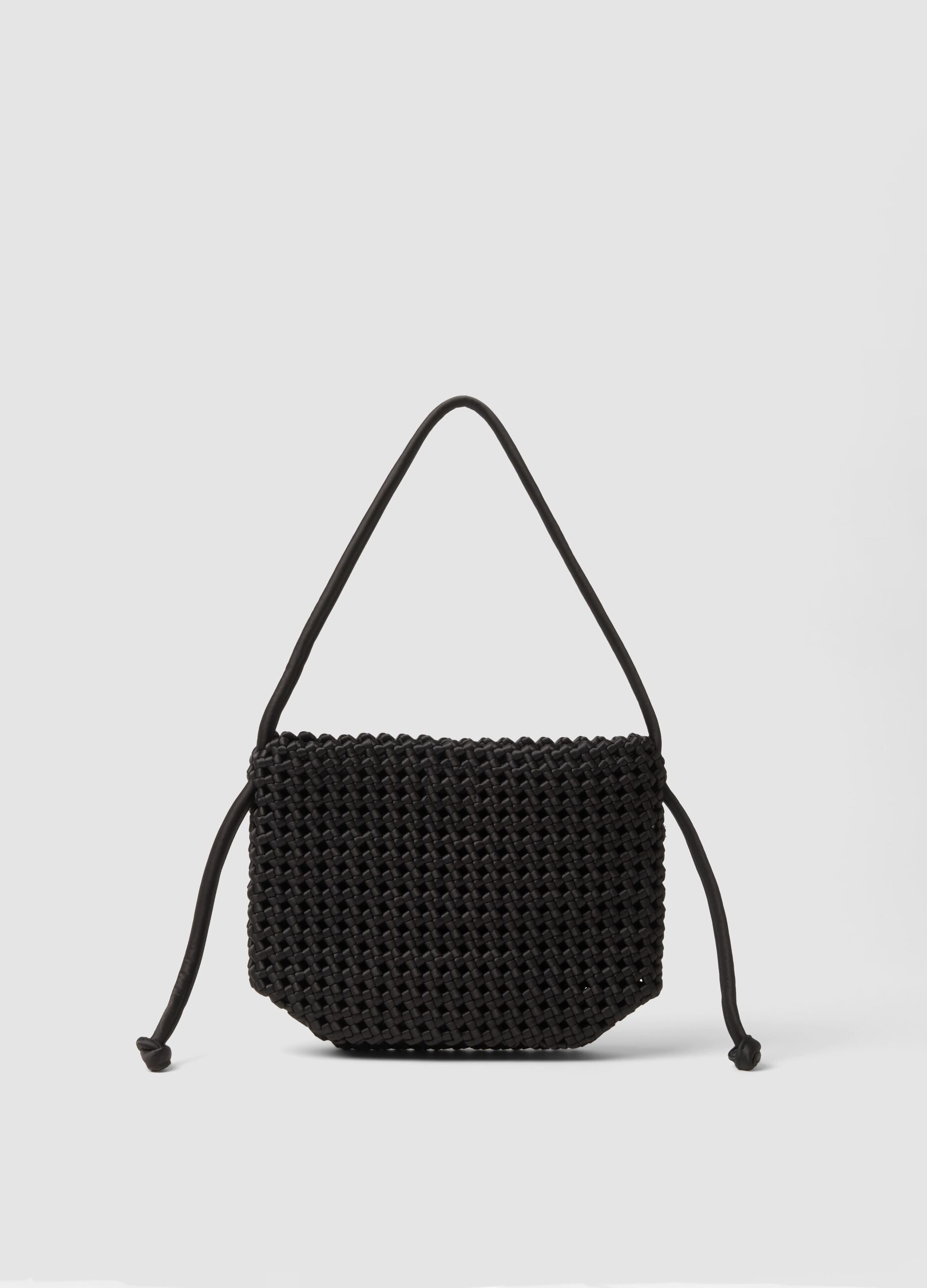 Black woven bag with adjustable shoulder strap