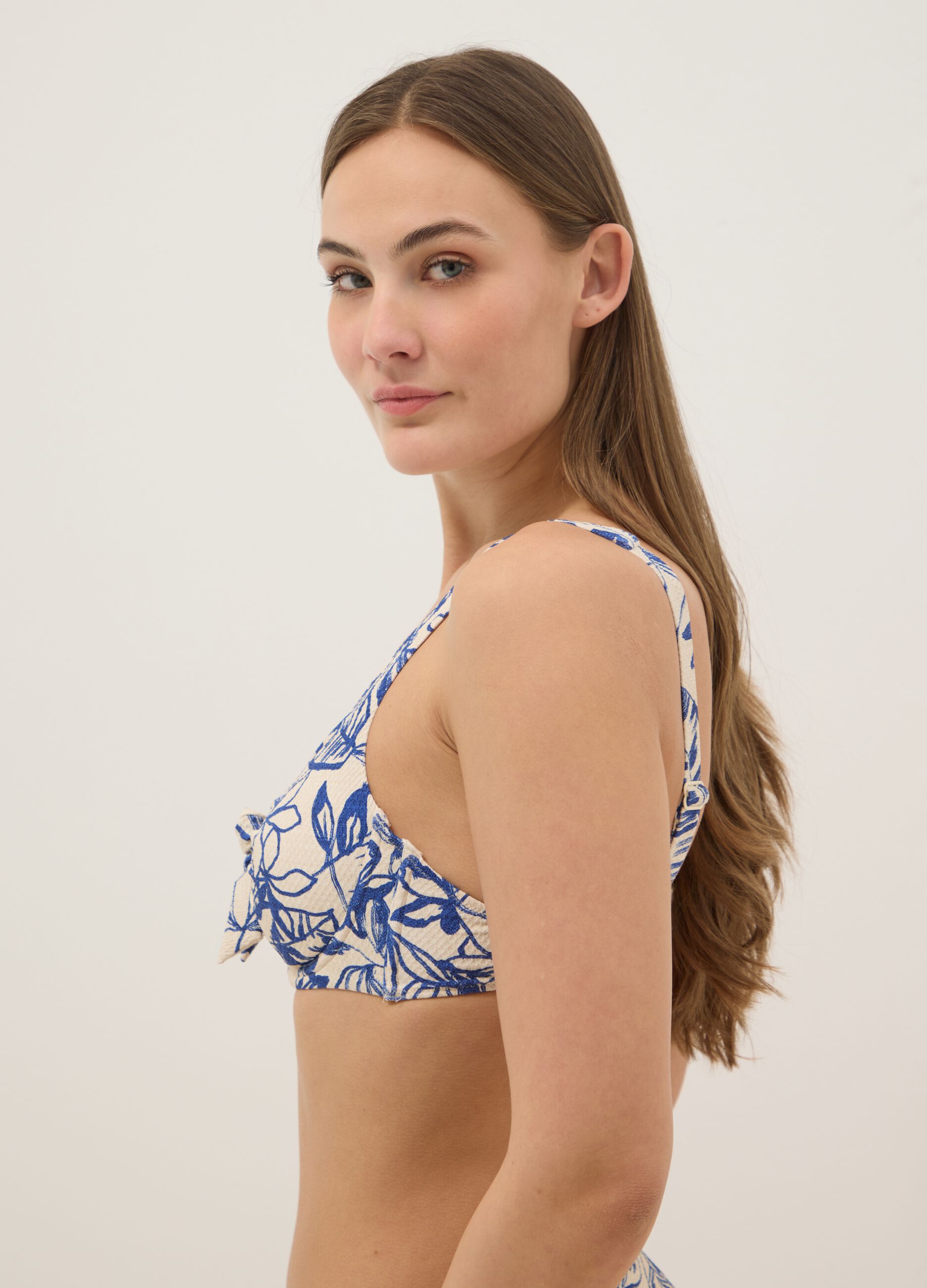 Blue floral stretch-fabric triangle bikini top