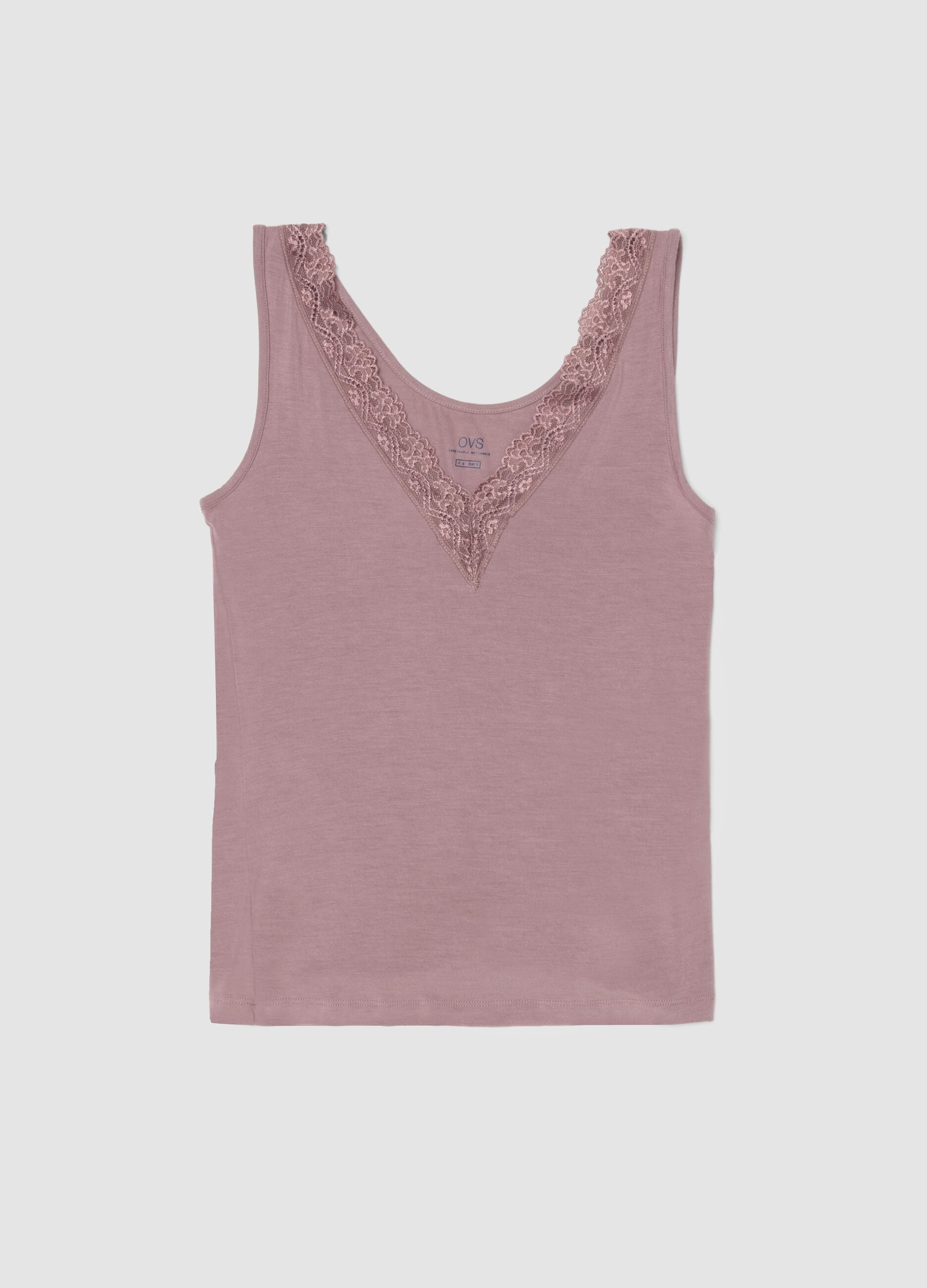 Pink stretch viscose regular fit deep V vest with lace