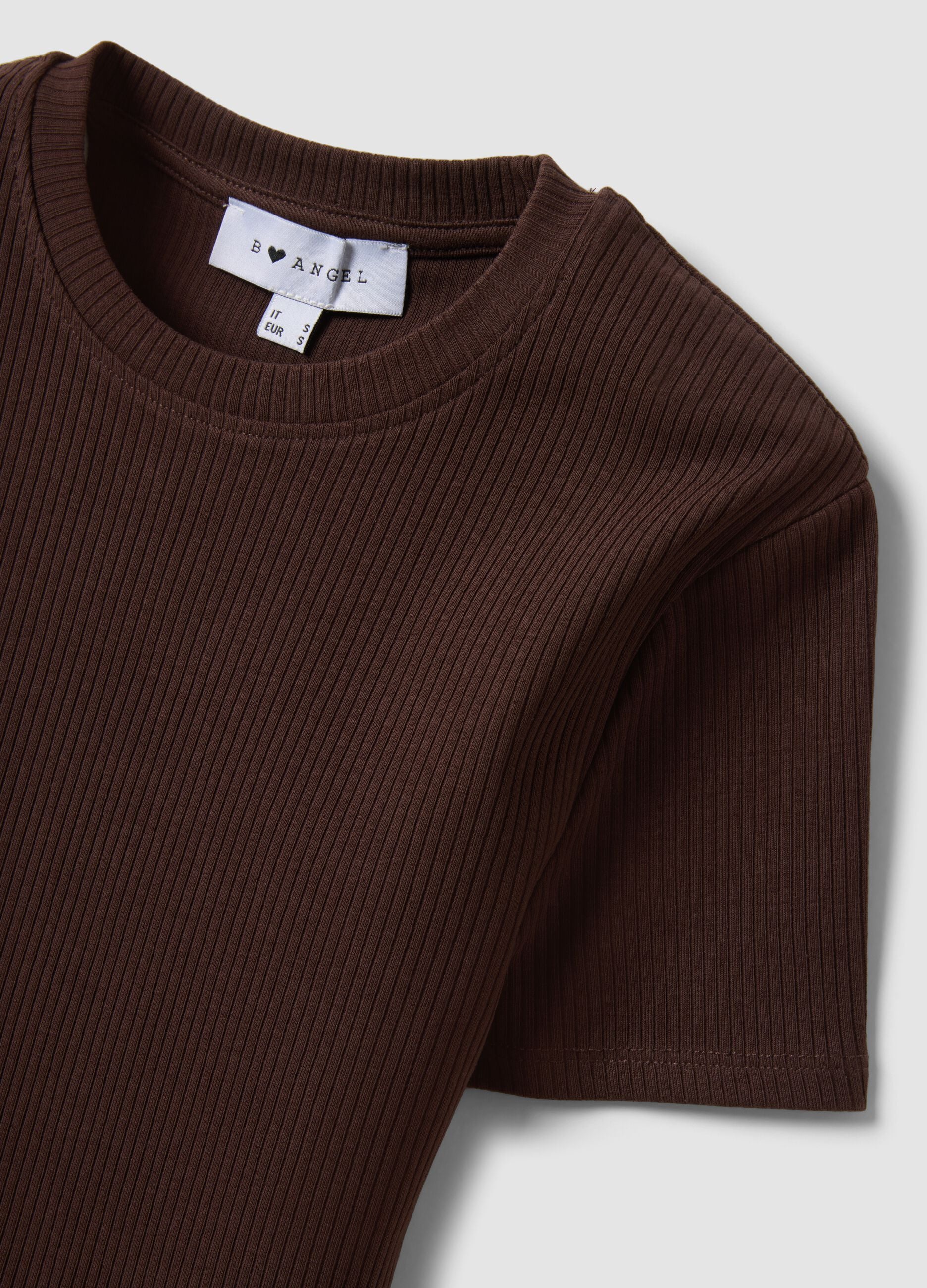 Brown ribbed fitted stretch-cotton T-shirt