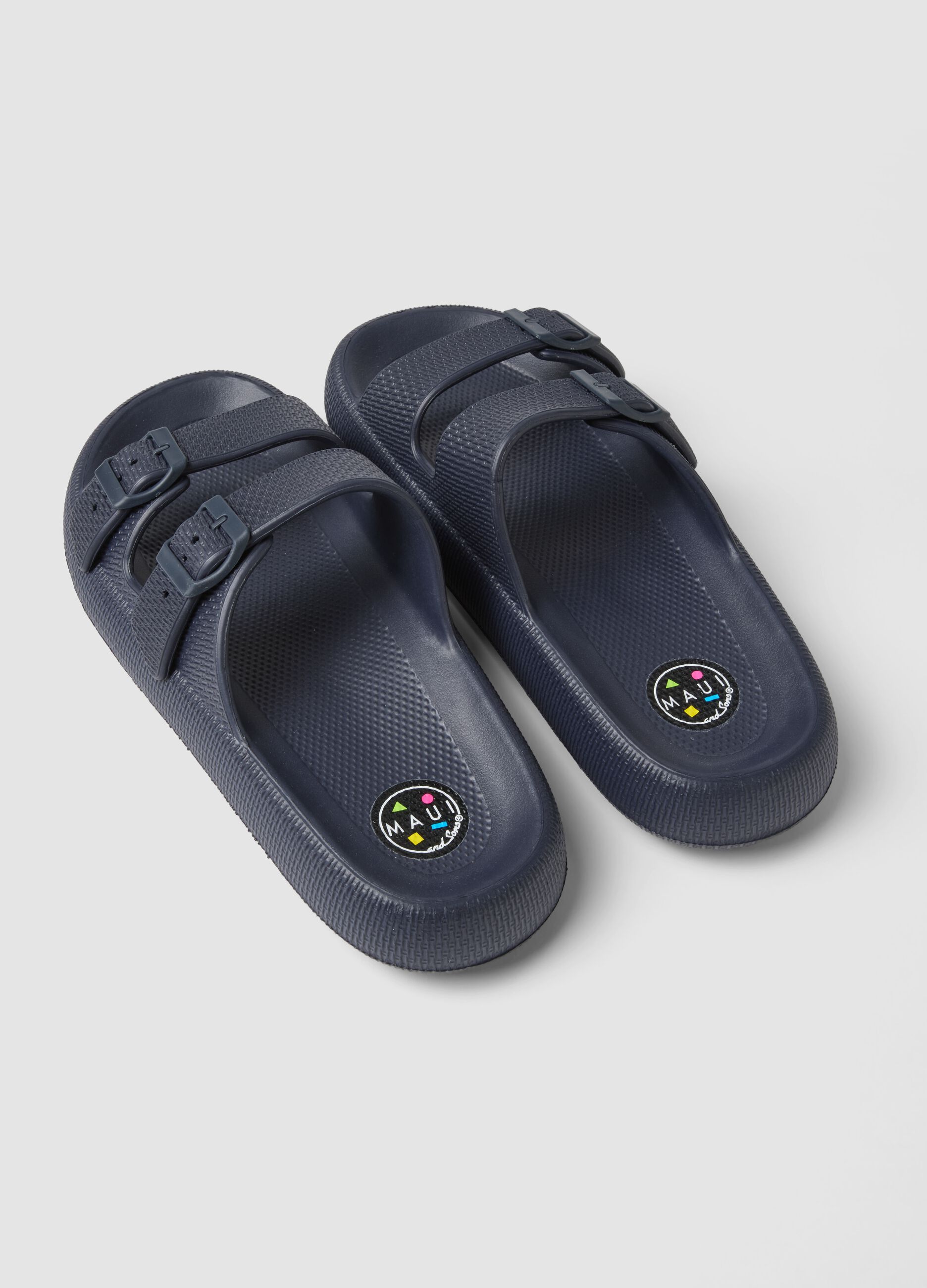 Blue double-buckle slides
