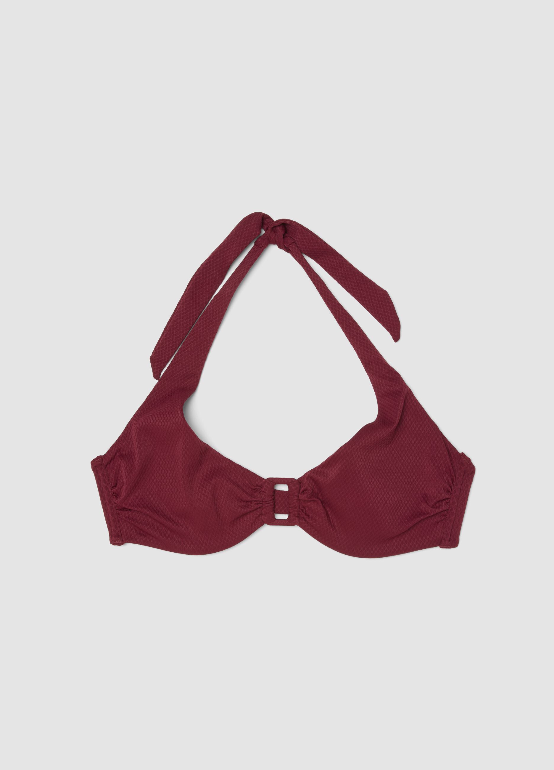 Red stretch triangle bikini top with central buckle