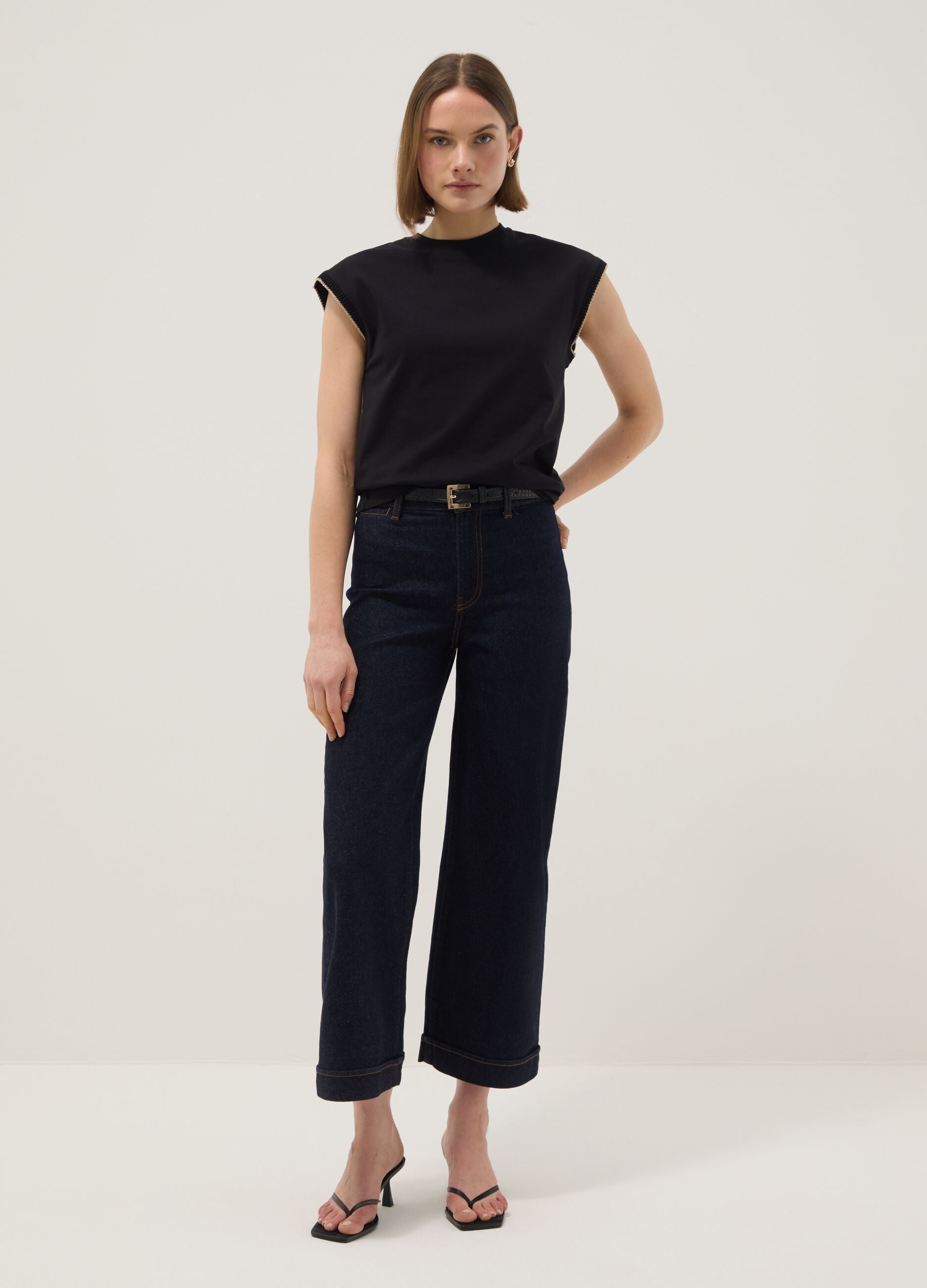Black sleeveless pure cotton T-shirt, regular fit