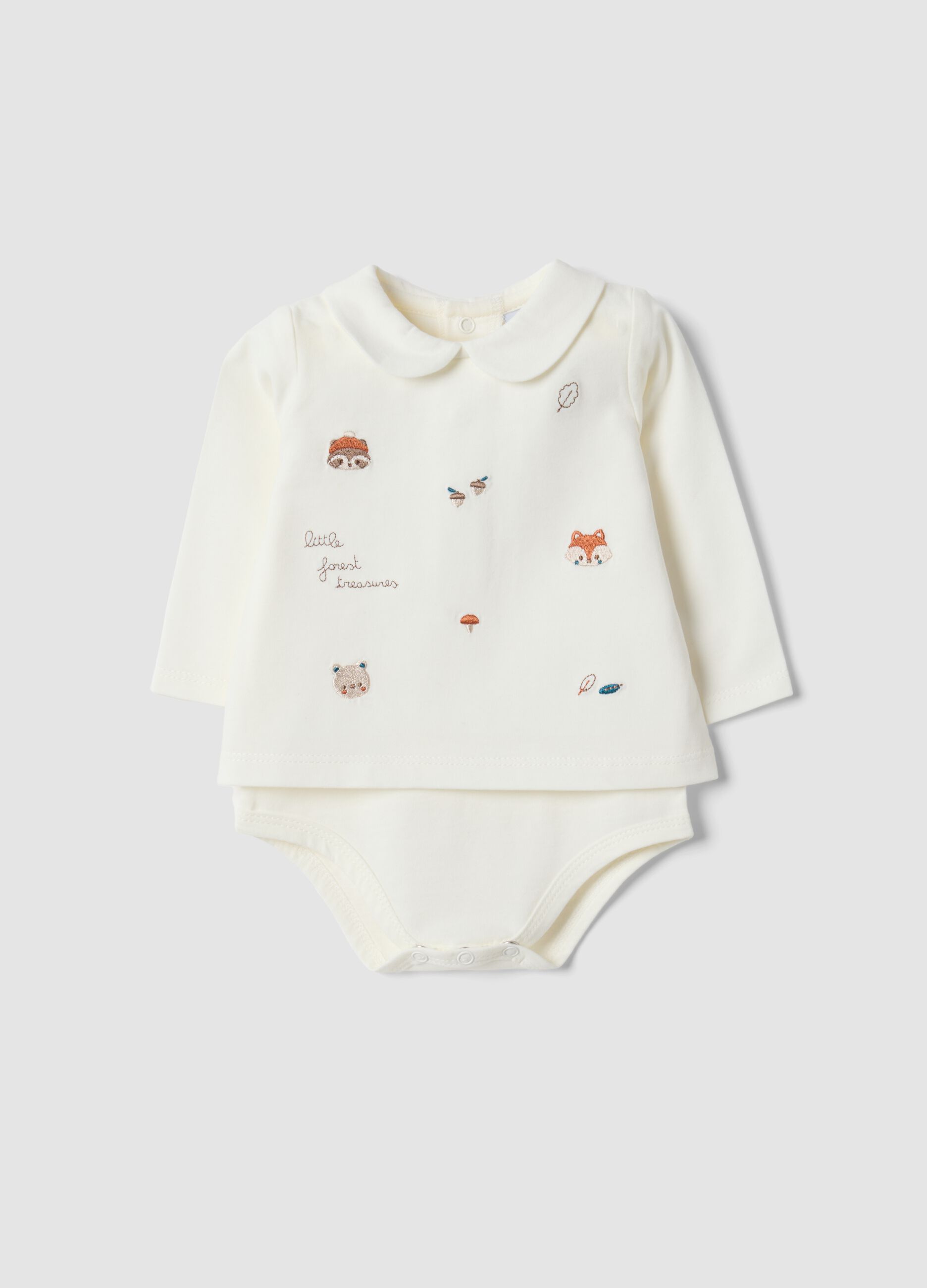 White organic cotton baby bodysuit with collar