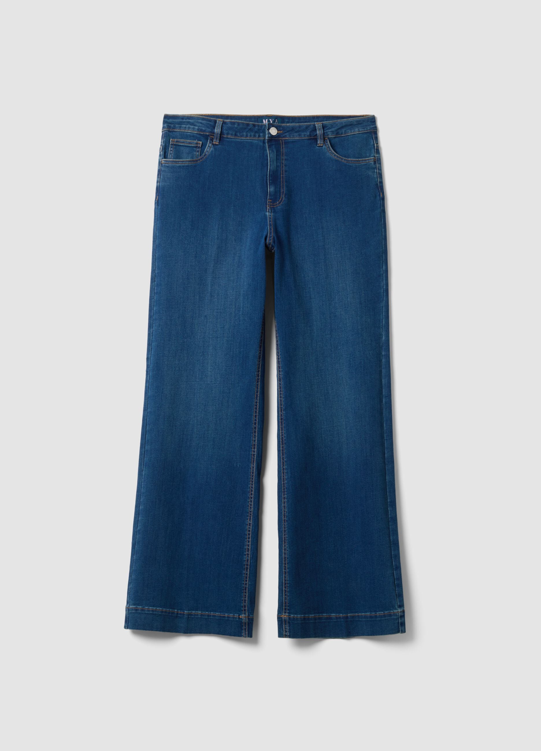 Blue cotton and stretch viscose denim jeans, bootcut fit