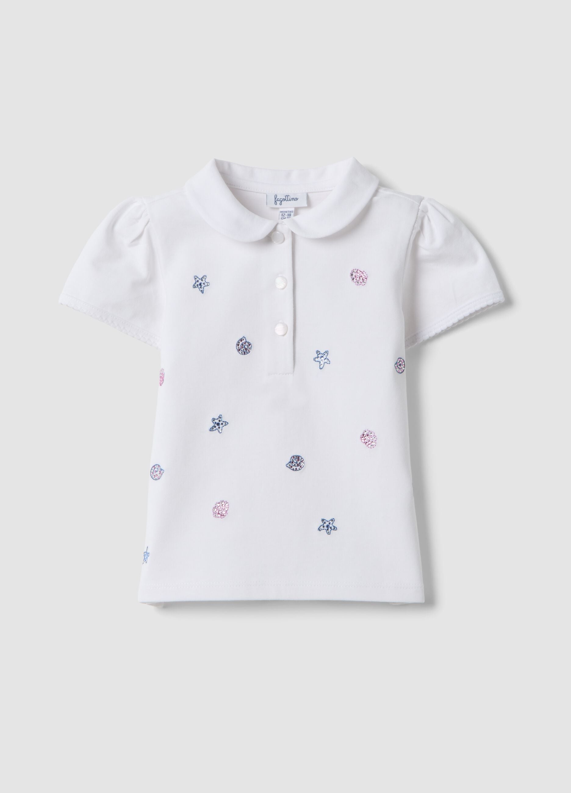 White stretch cotton polo shirt with classic collar for baby girl, regular fit