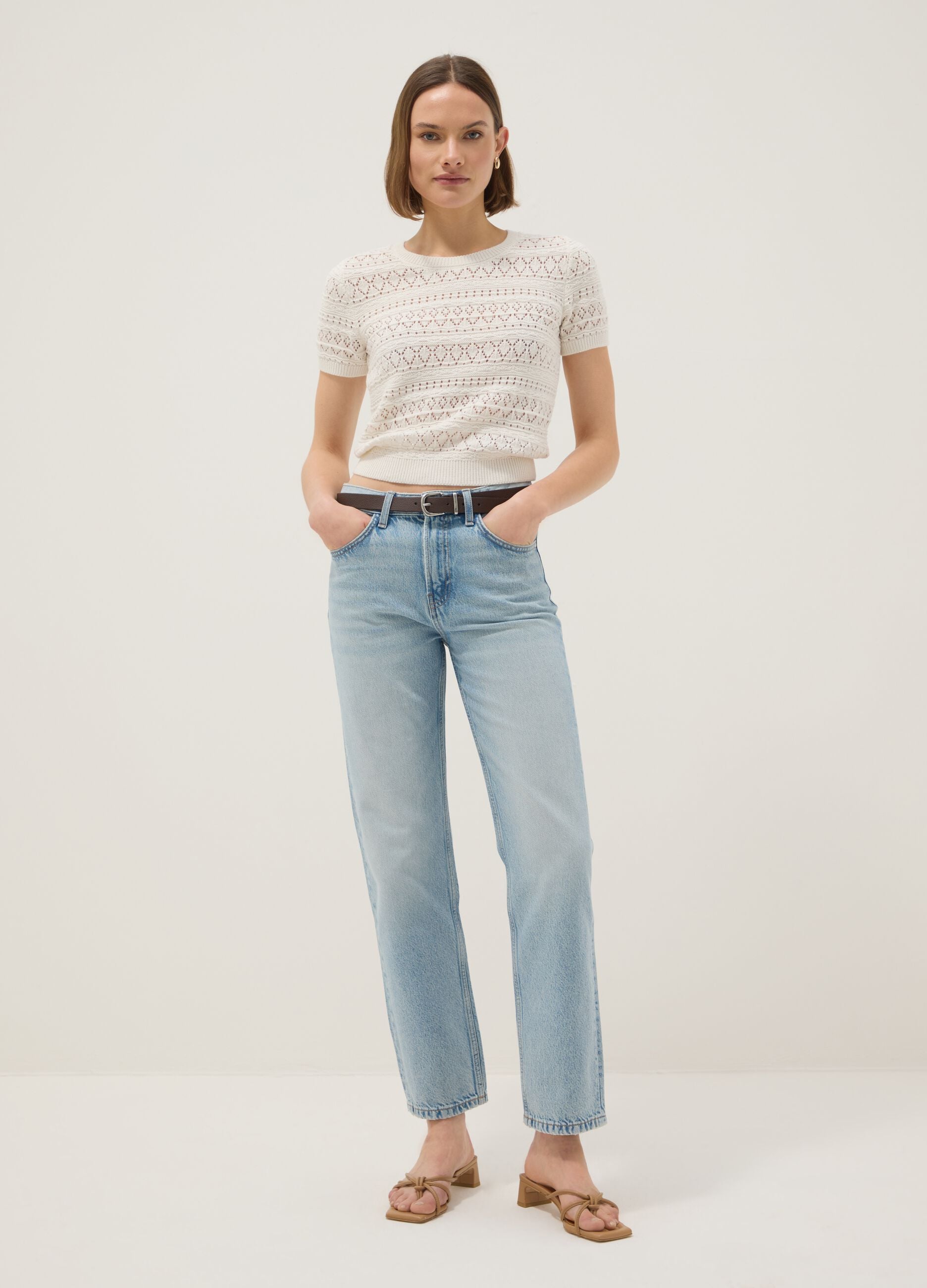 Blue straight regular fit denim jeans in pure cotton