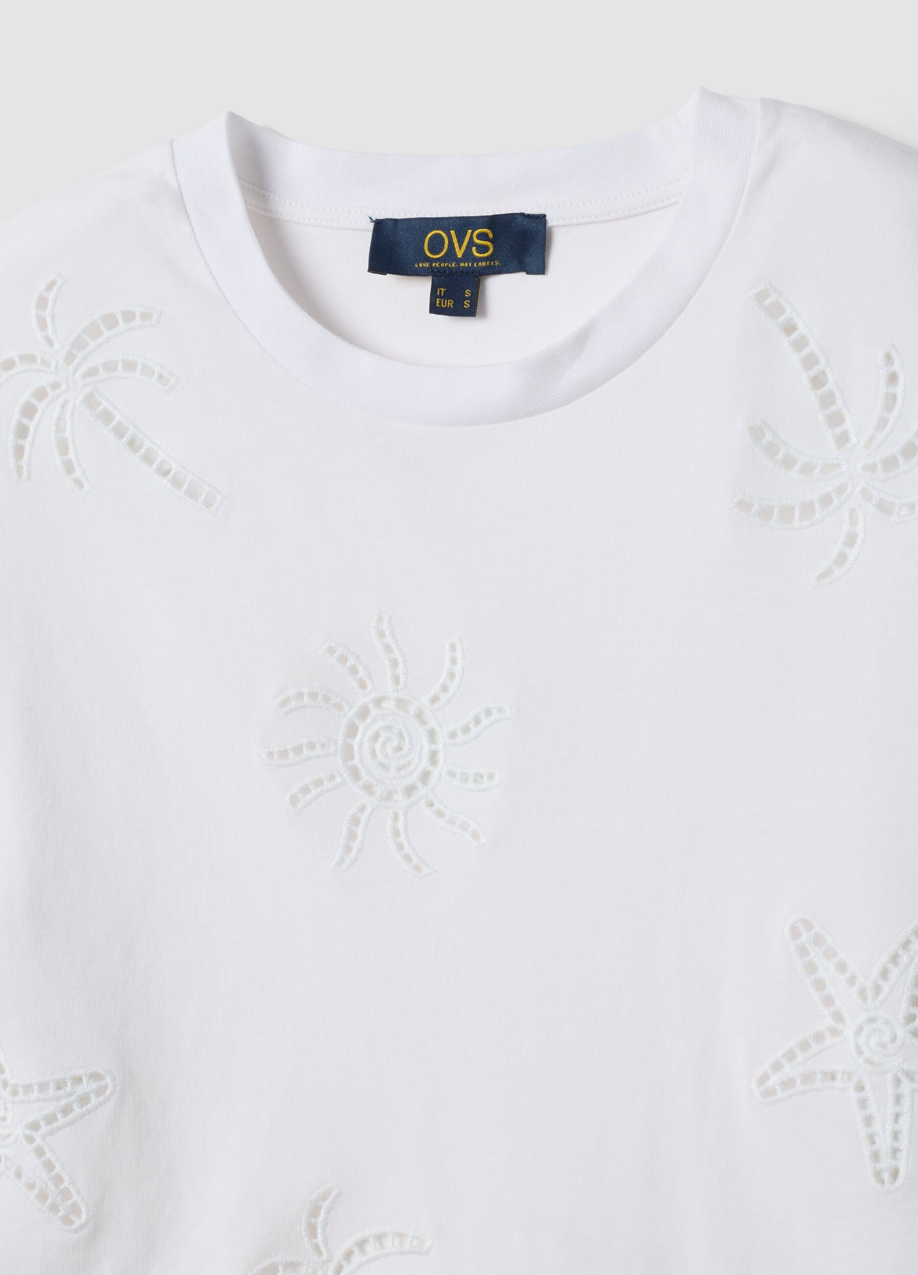 White pure cotton T-shirt with broderie anglaise embroidery, regular fit