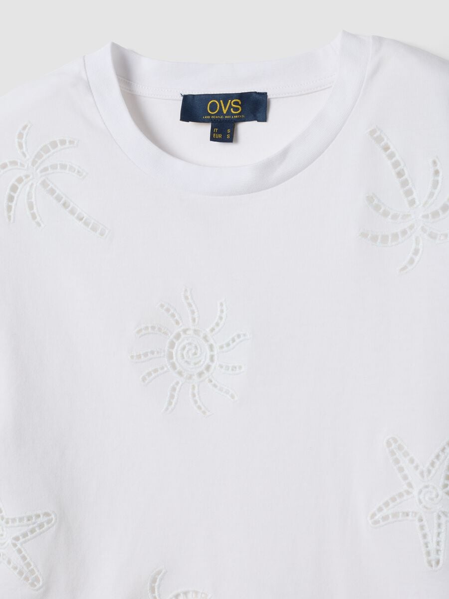White pure cotton T-shirt with broderie anglaise embroidery, regular fit_5