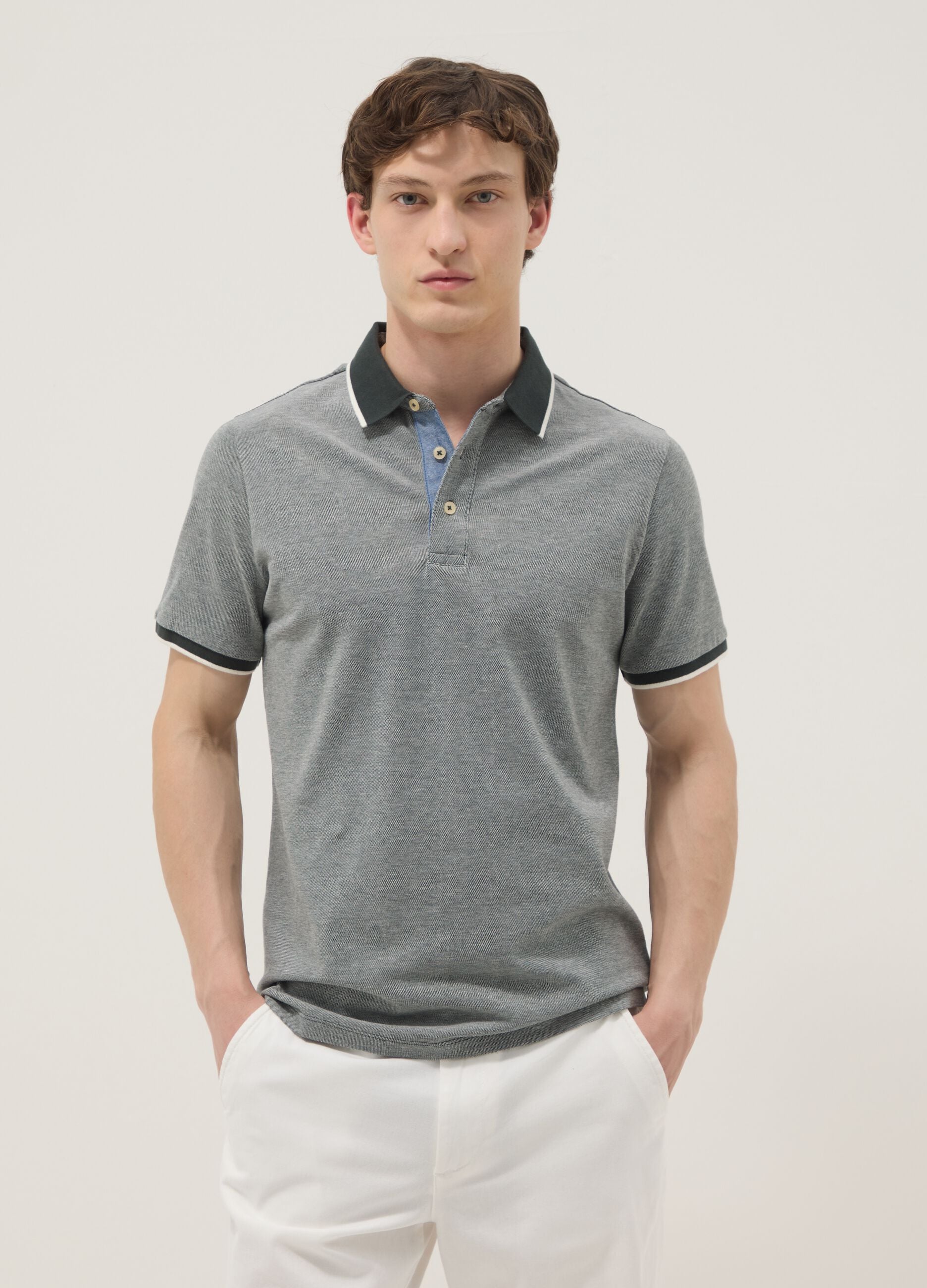 Grey pure cotton polo shirt with classic collar