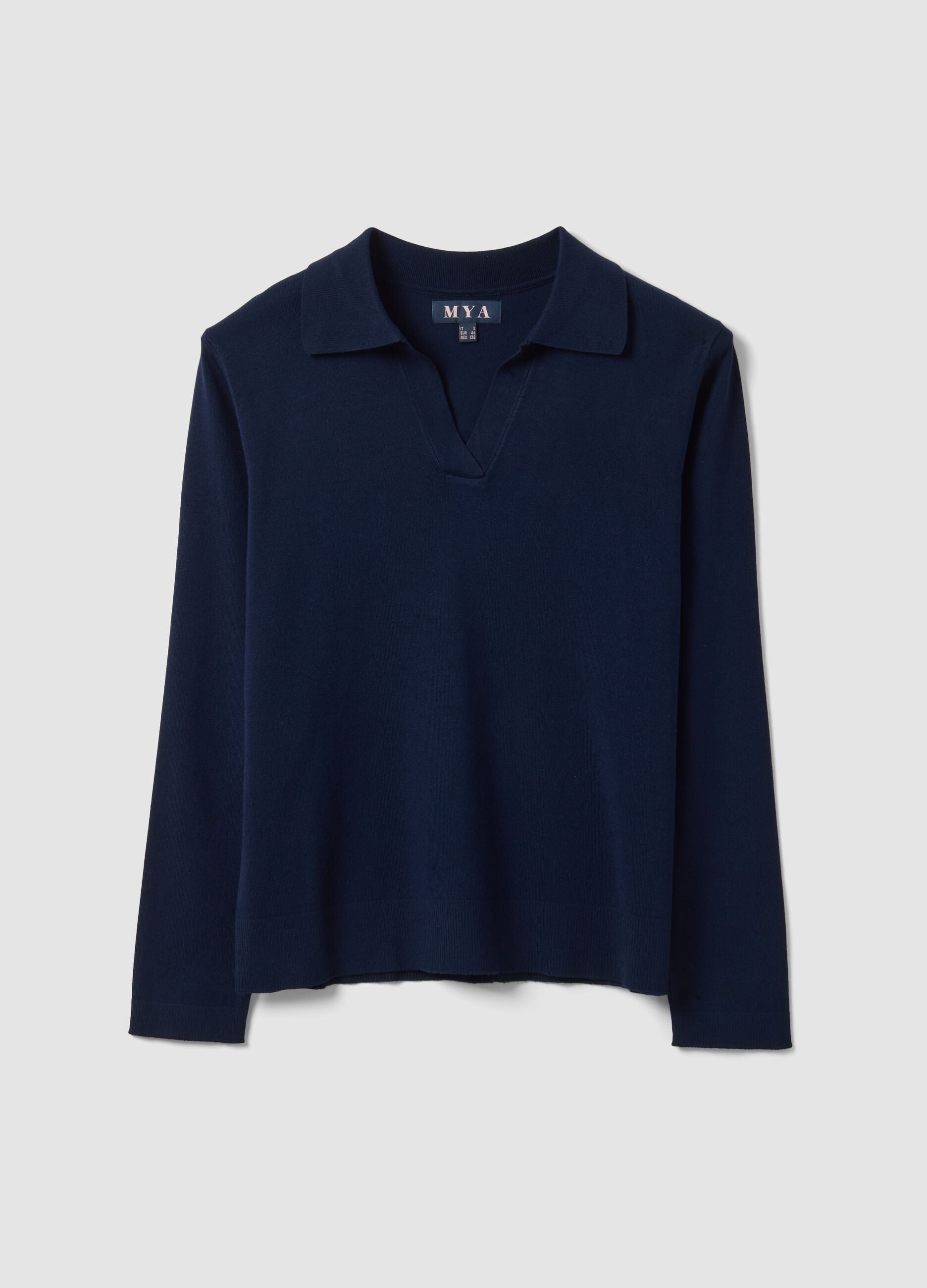 Blue viscose-blend polo-collar jumper with relaxed fit