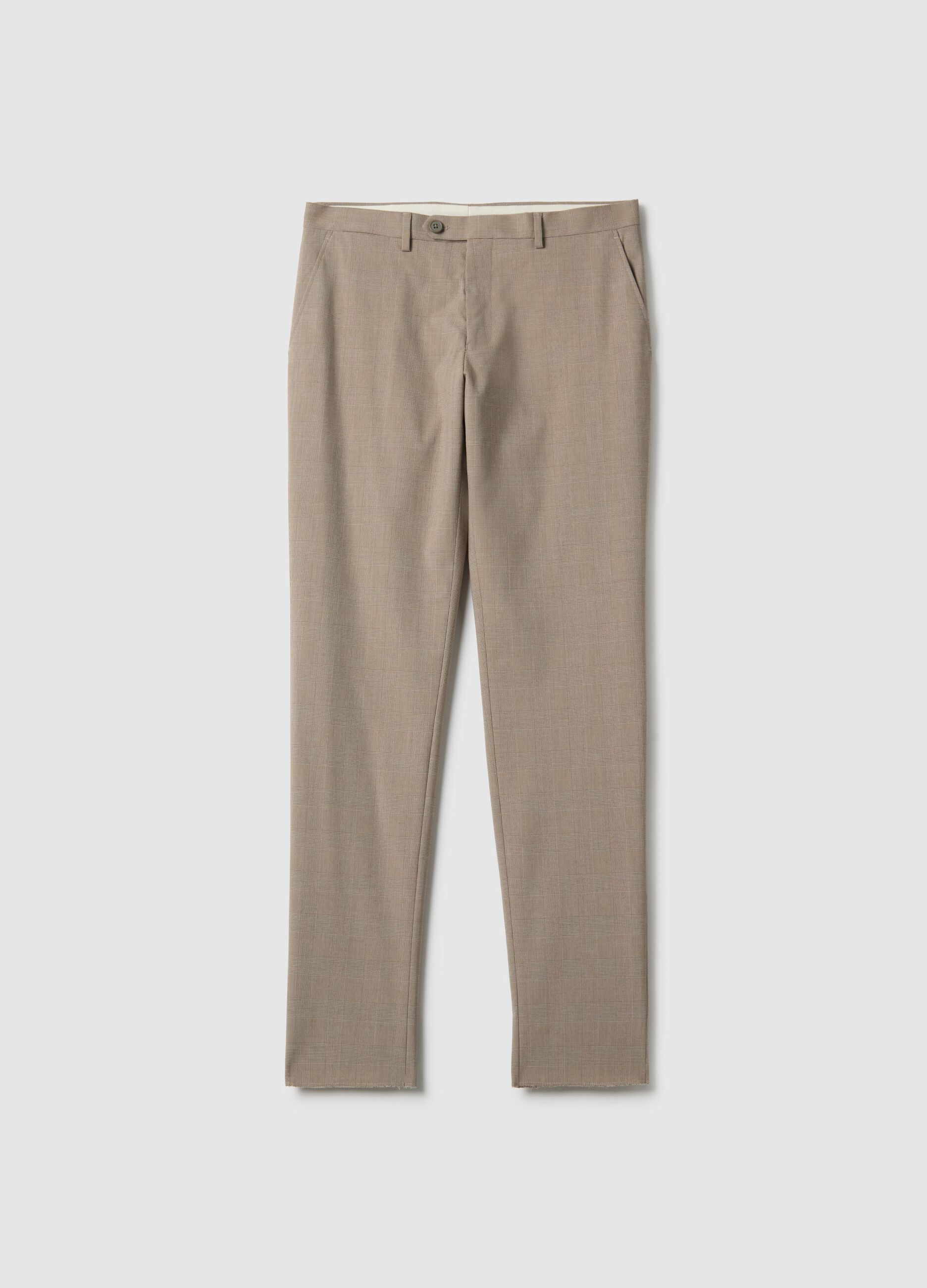 Beige Checked Slim Fit Trousers