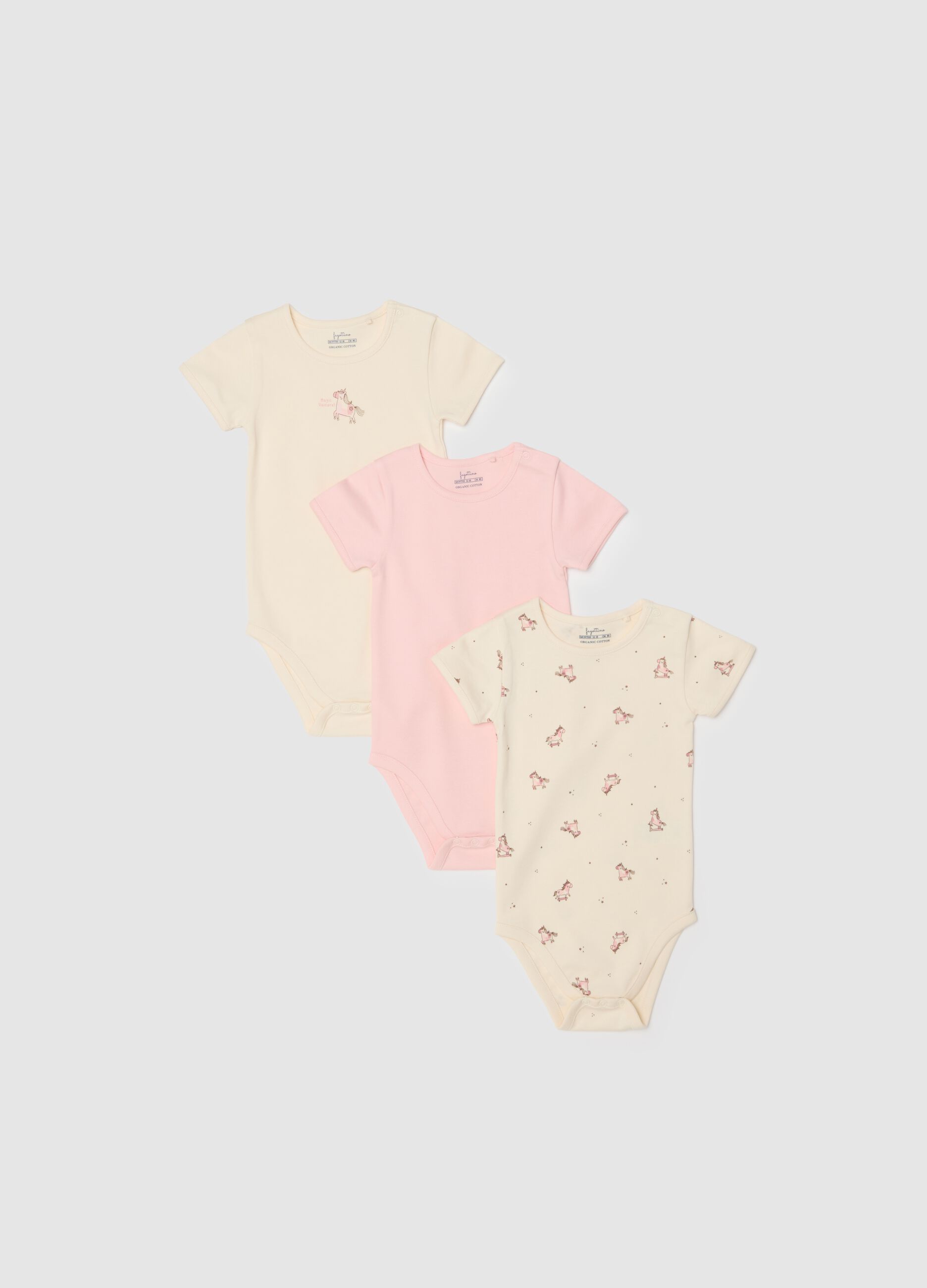 Short-sleeved multicolour bodysuit tripack for baby girls in pure cotton