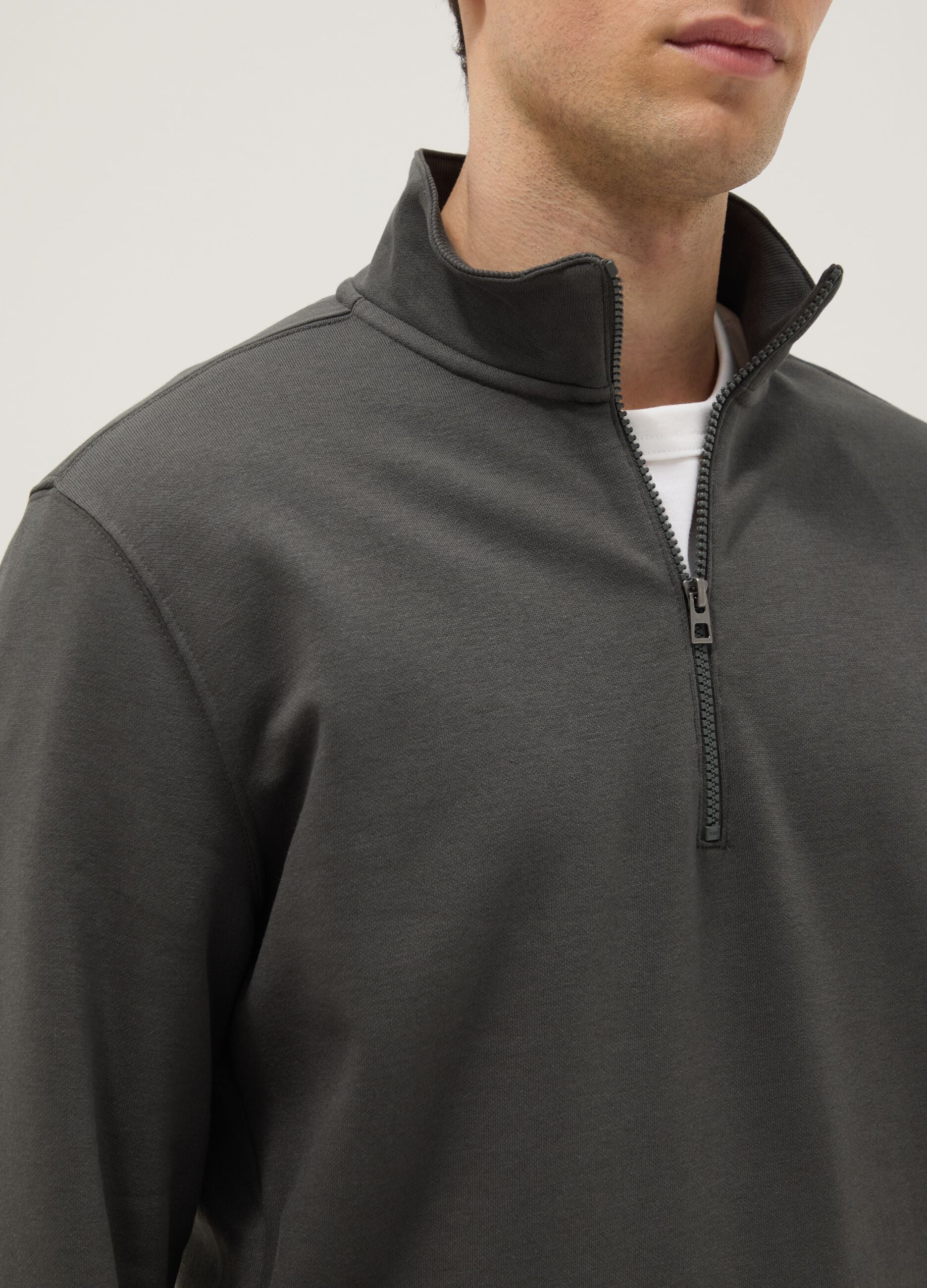 Grey regular fit cotton-blend sweatshirt with half zip