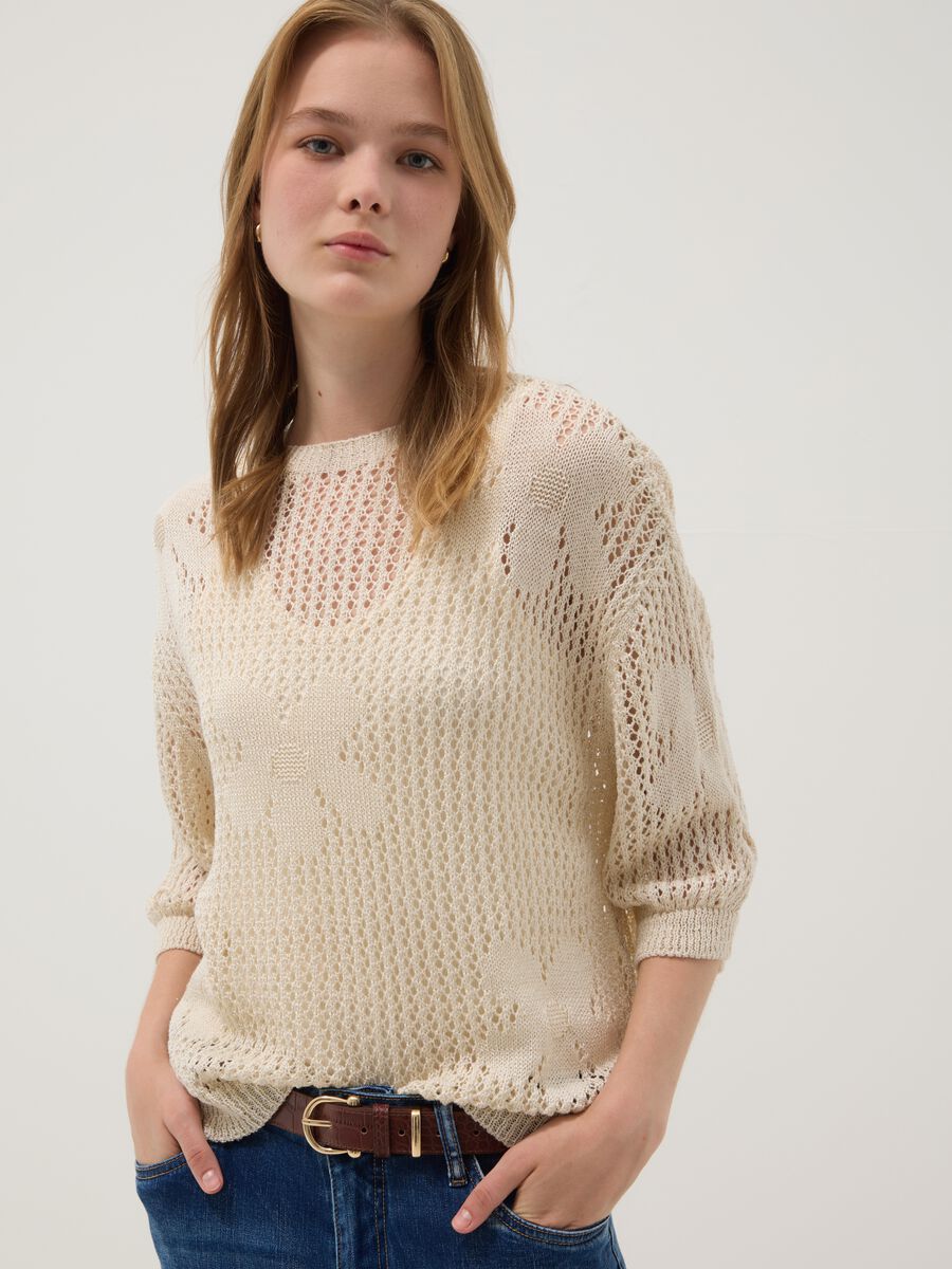 Maglia beige traforata con motivo floreale regular fit_0