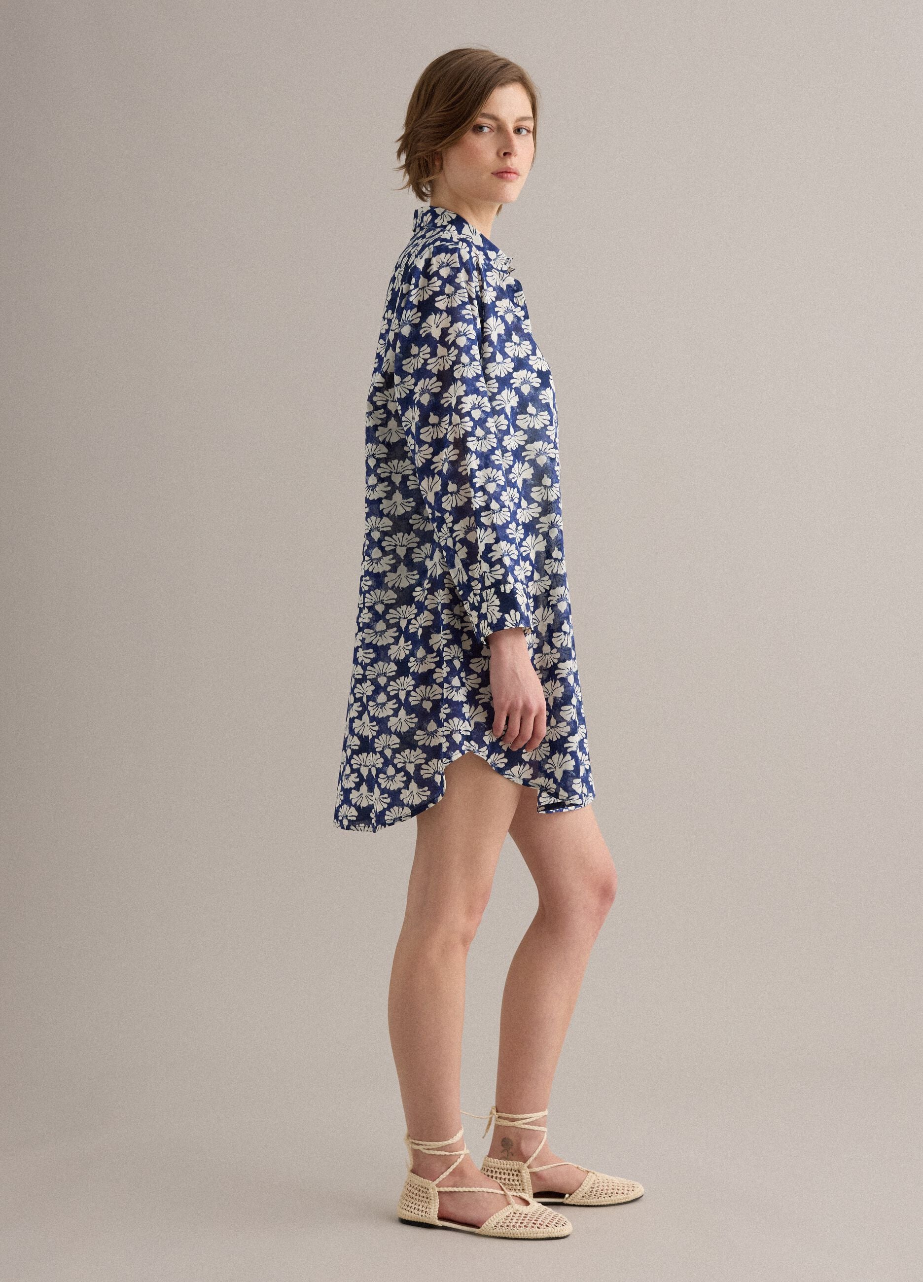 Blue long pure cotton shirt with floral print