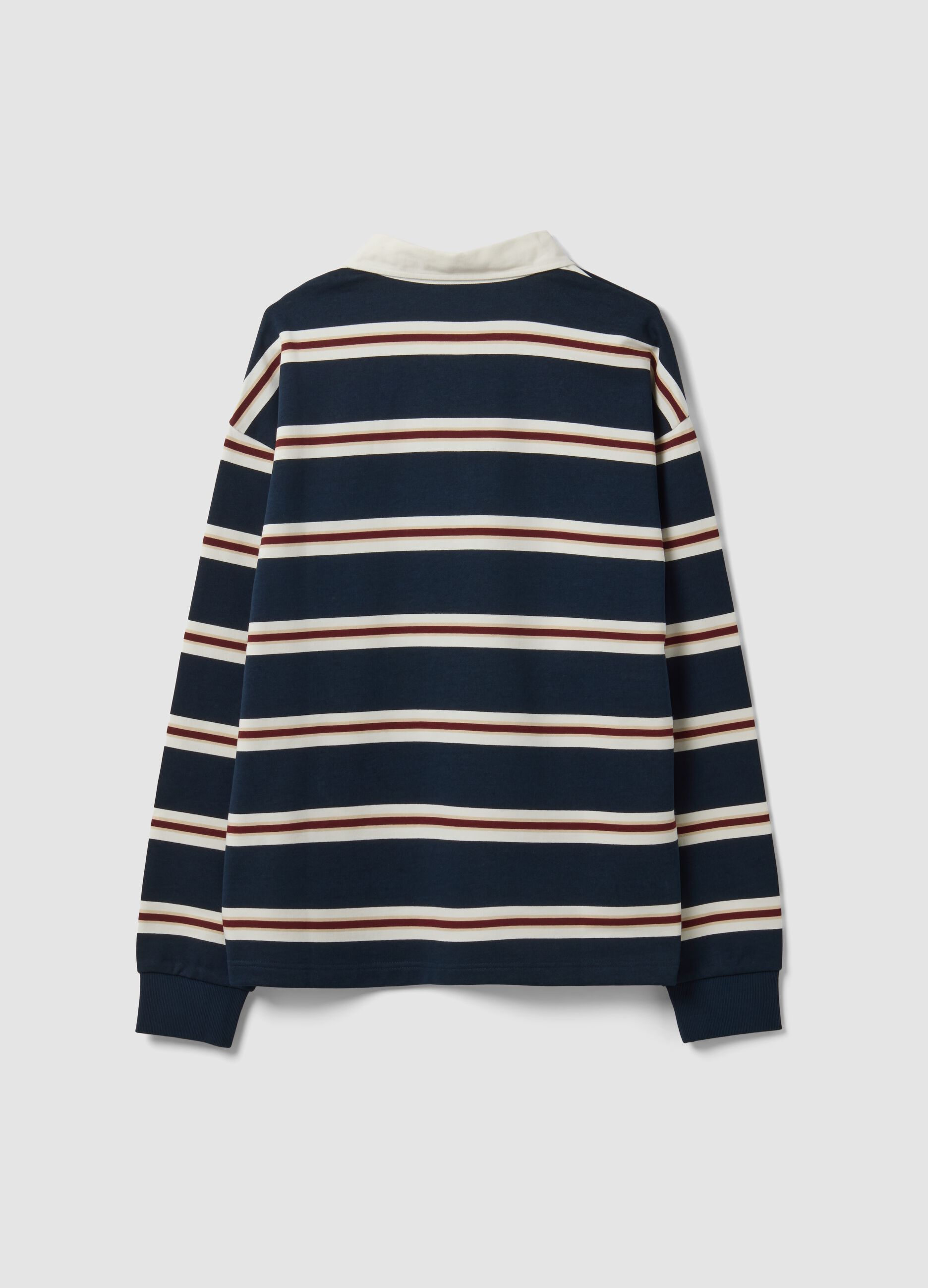 Blue pure-cotton striped rugby polo with classic collar