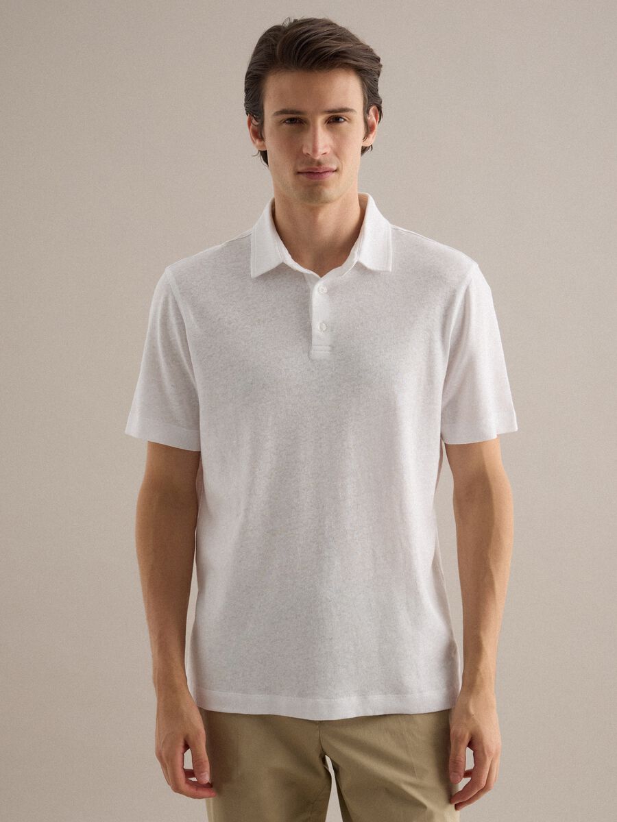 White linen-cotton blend regular fit polo_1