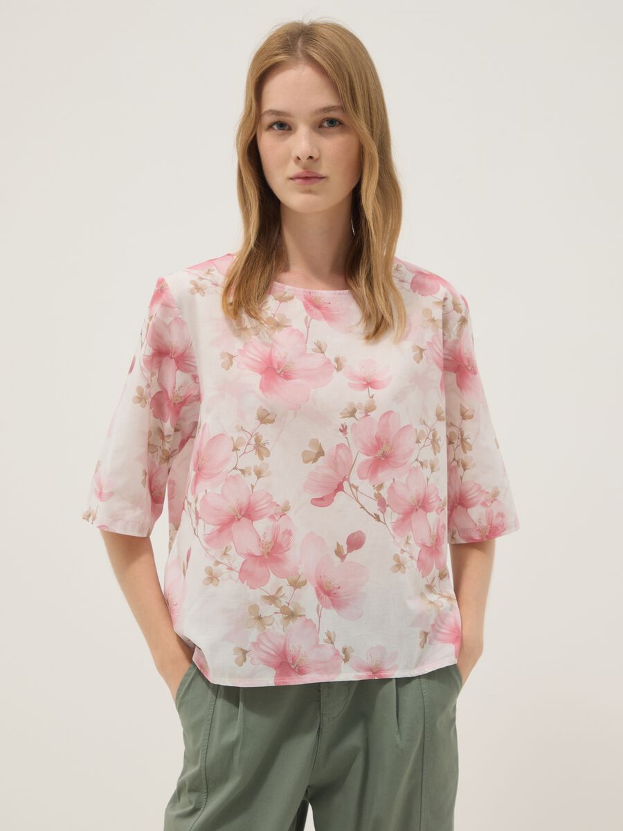 Pink pure cotton top with floral print_0