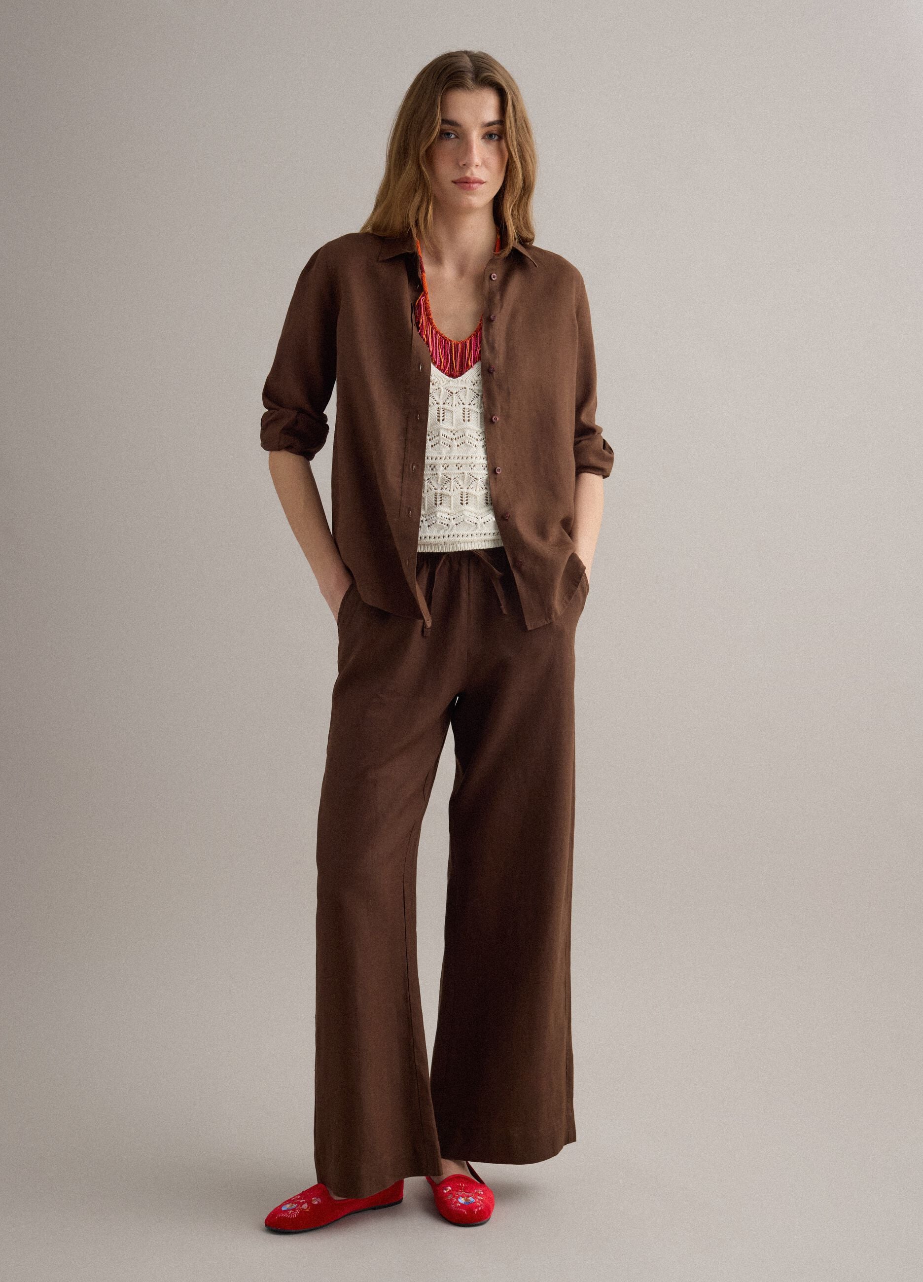 Brown pure linen regular fit shirt