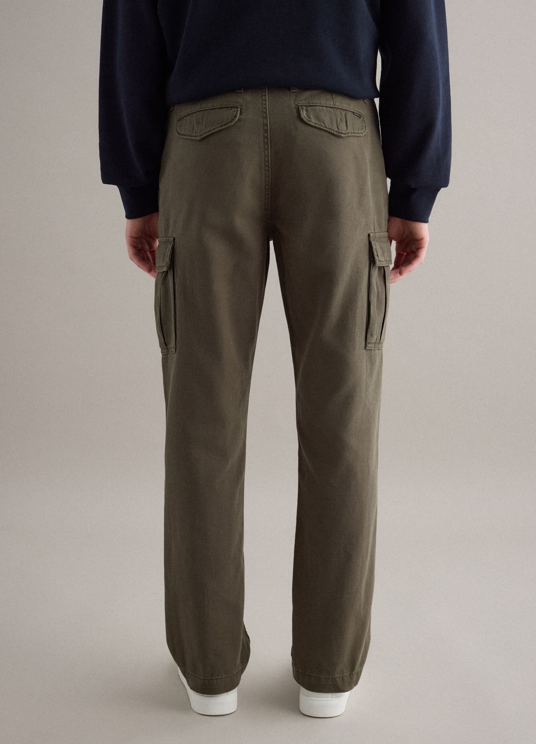 Green regular fit cotton and linen cargo trousers