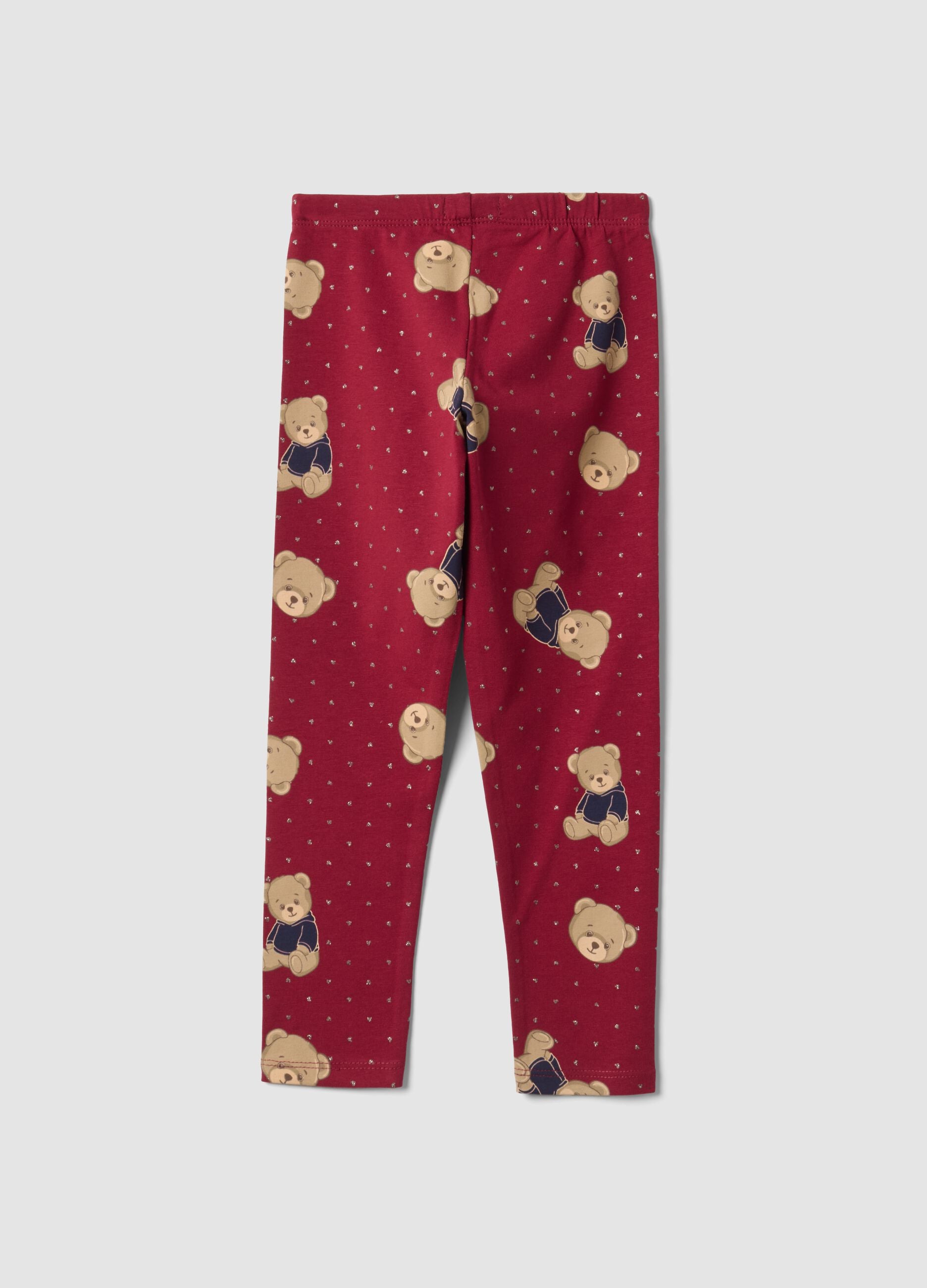 Red organic stretch cotton leggings with teddy bear print for girls